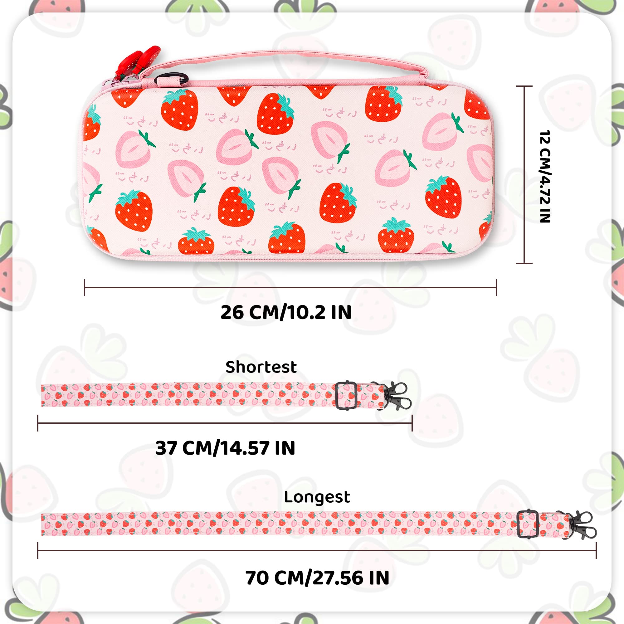 RHOTALL Cute Strawberry Nintendo Switch Carrying Case - Hard Shell Travel Case with Shoulder Strap, Game Card Holder, Screen Protector & 2 Thumb Grips - Perfect for Switch Accessories Protection & Portable Gaming On-The-Go
