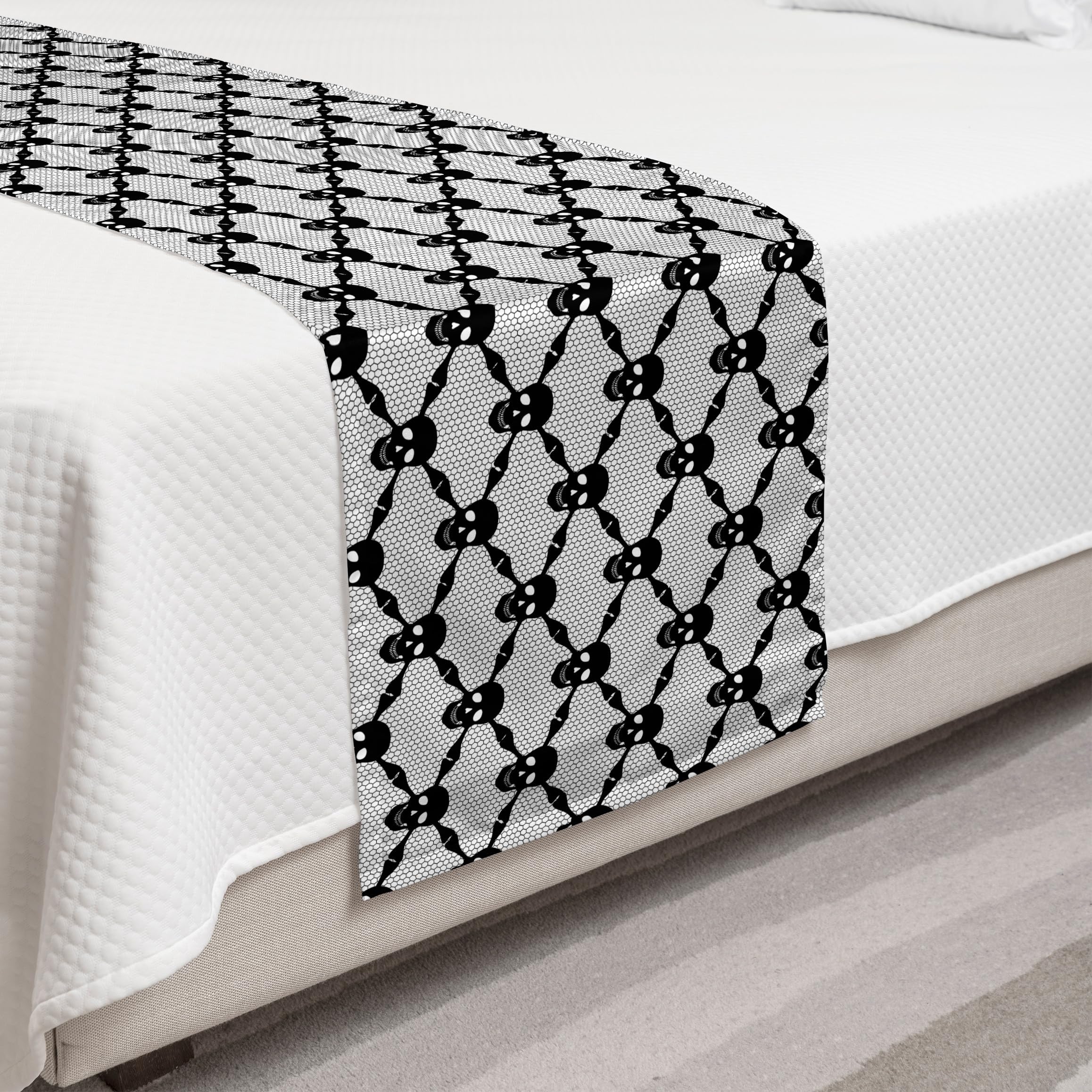 Ambesonne Gothic Bed Runner - Halloween Horror Theme with Spooky Black Skulls & Skeleton Bones Checkered Pattern, Decorative Accent Bedding Scarf for Home, Hotel & Guestroom Decor - Black & White | Perfect for Gothic Bedroom, Halloween Party Decor & Horror-Themed Events