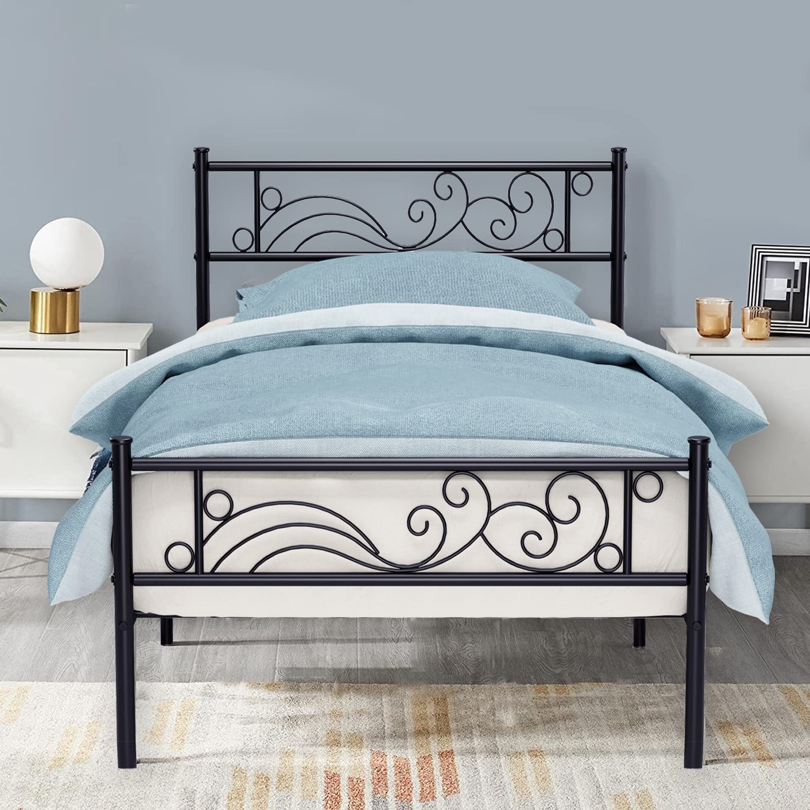 Heavy Duty Metal Twin Bed Frame with Storage & Headboard - Black | Space-Saving Bedroom Solution