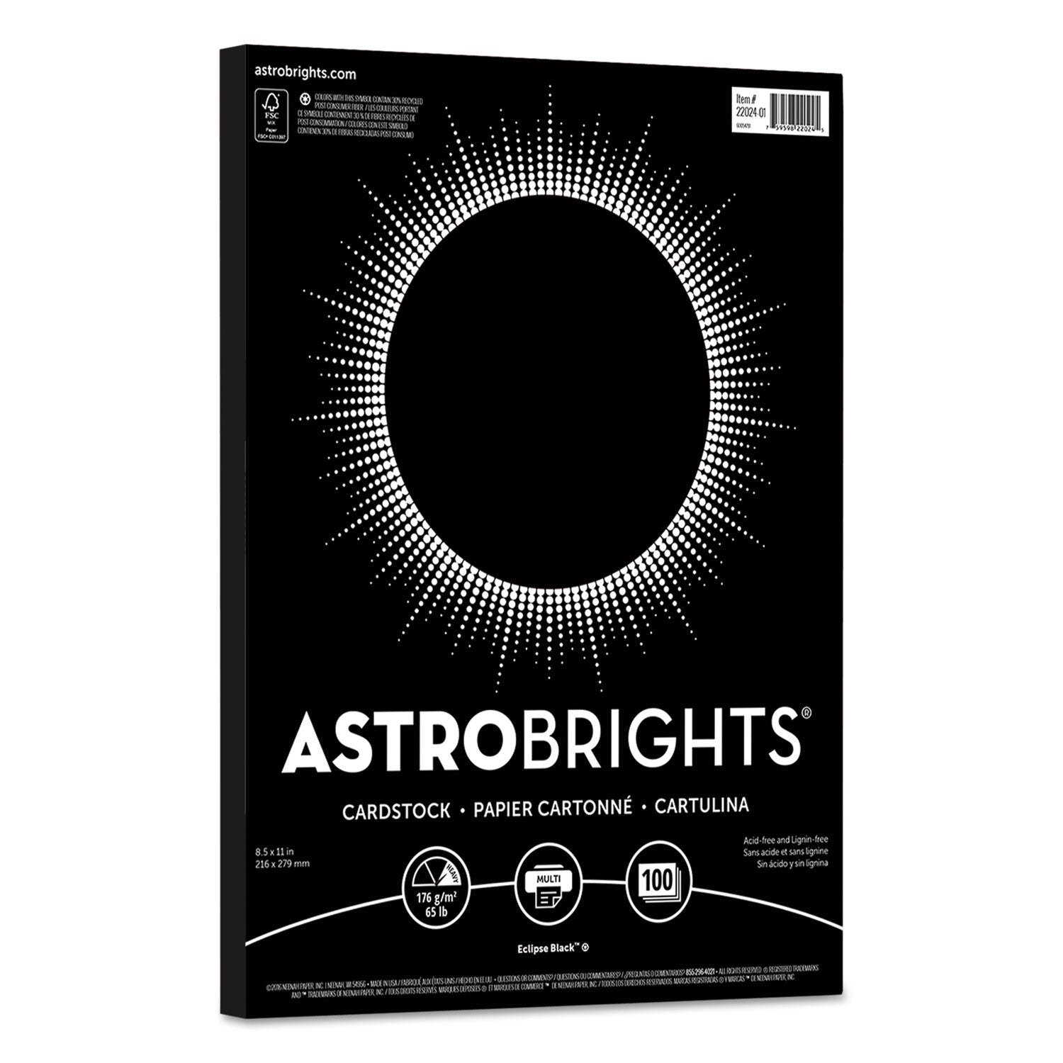 Astrobrights® Eclipse Black Cardstock Paper - 65 lb Cover Weight, 8.5 x 11 Inches, 100 Sheets per Pack - Premium Colored Paper for Scrapbooking, Invitations, DIY Crafts & Office Projects