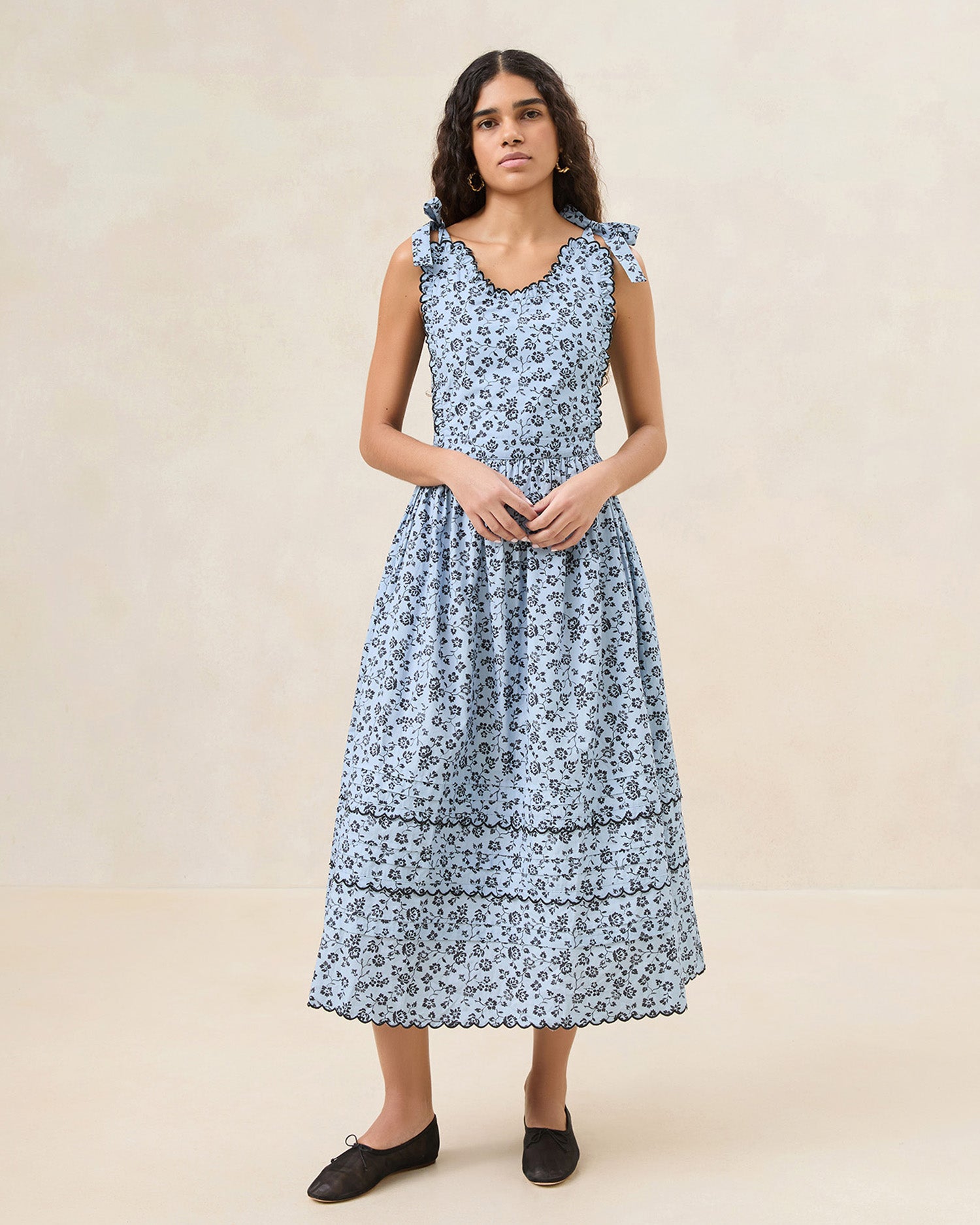 Bruna Blue and Black Floral Print Apron Dress for Women - Vintage Style Kitchen Apron Dress for Cooking, Baking, and Hosting Parties