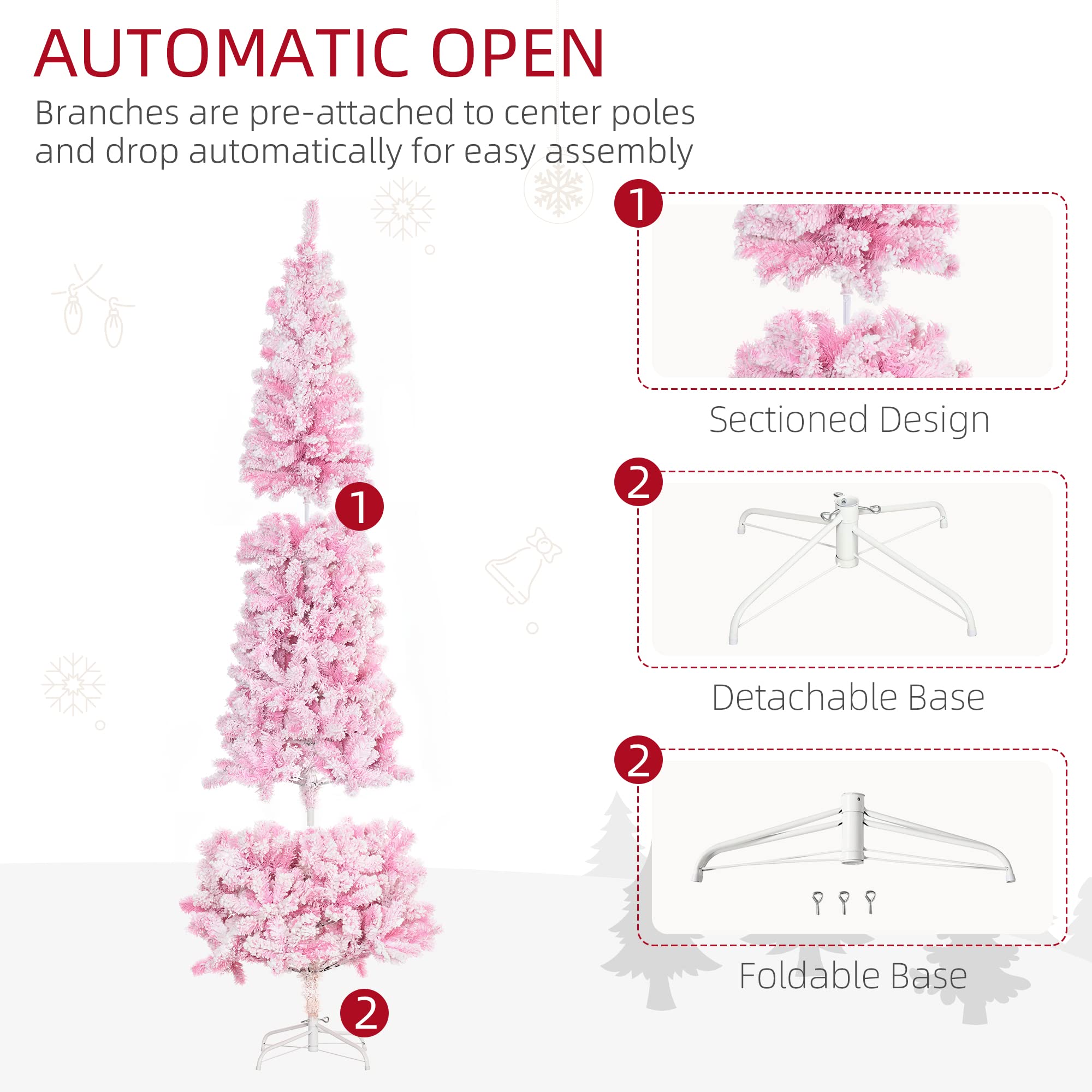 7.5ft Pink Snow Flocked Artificial Christmas Tree - Slim Pencil Xmas Tree with Realistic Pine Branches | Holiday Home Decor, Office & Party Decoration