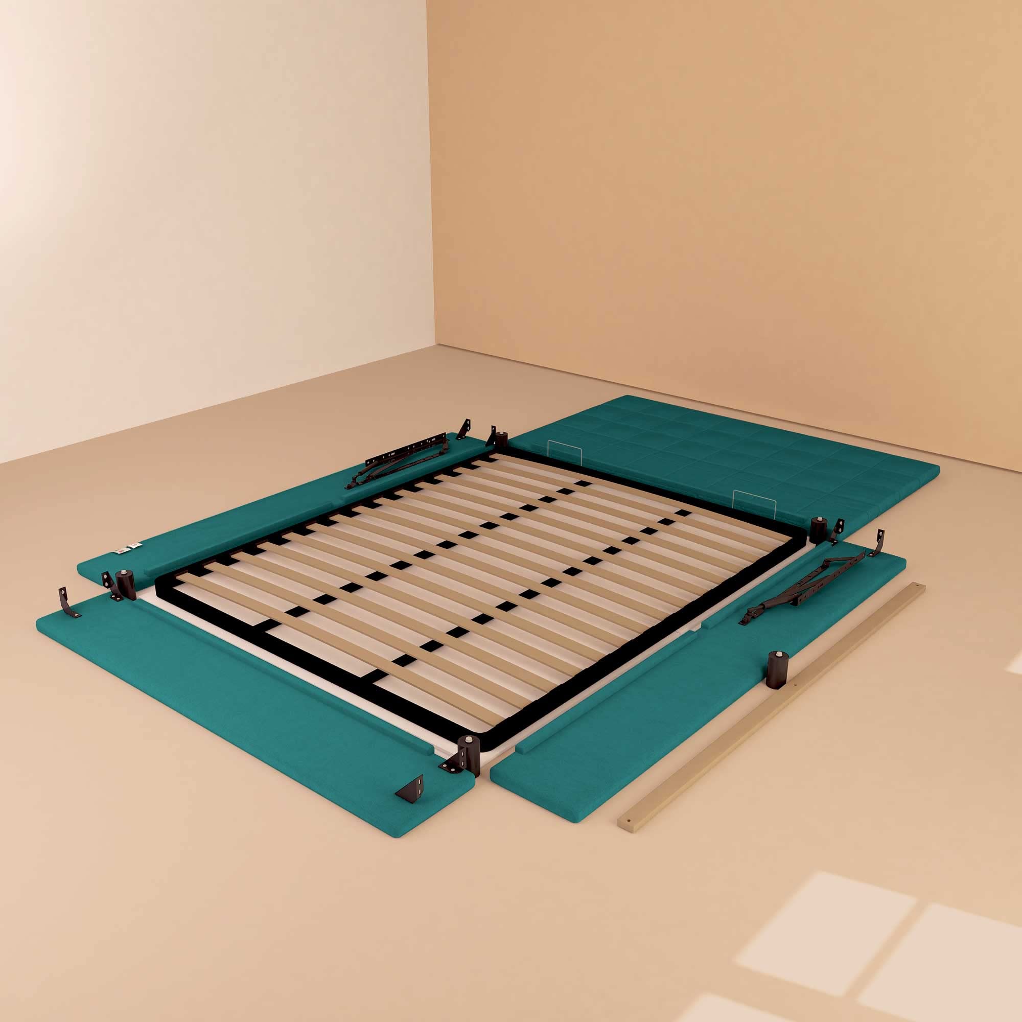 Baldiflex Square and Half Bed with Dublin Fabric Storage, Slatted Base for Square and Half Mattresses, 120 x 200 cm, Elegant Turquoise Headboard - Perfect for Small Bedrooms, Guest Rooms & Space-Saving Solutions