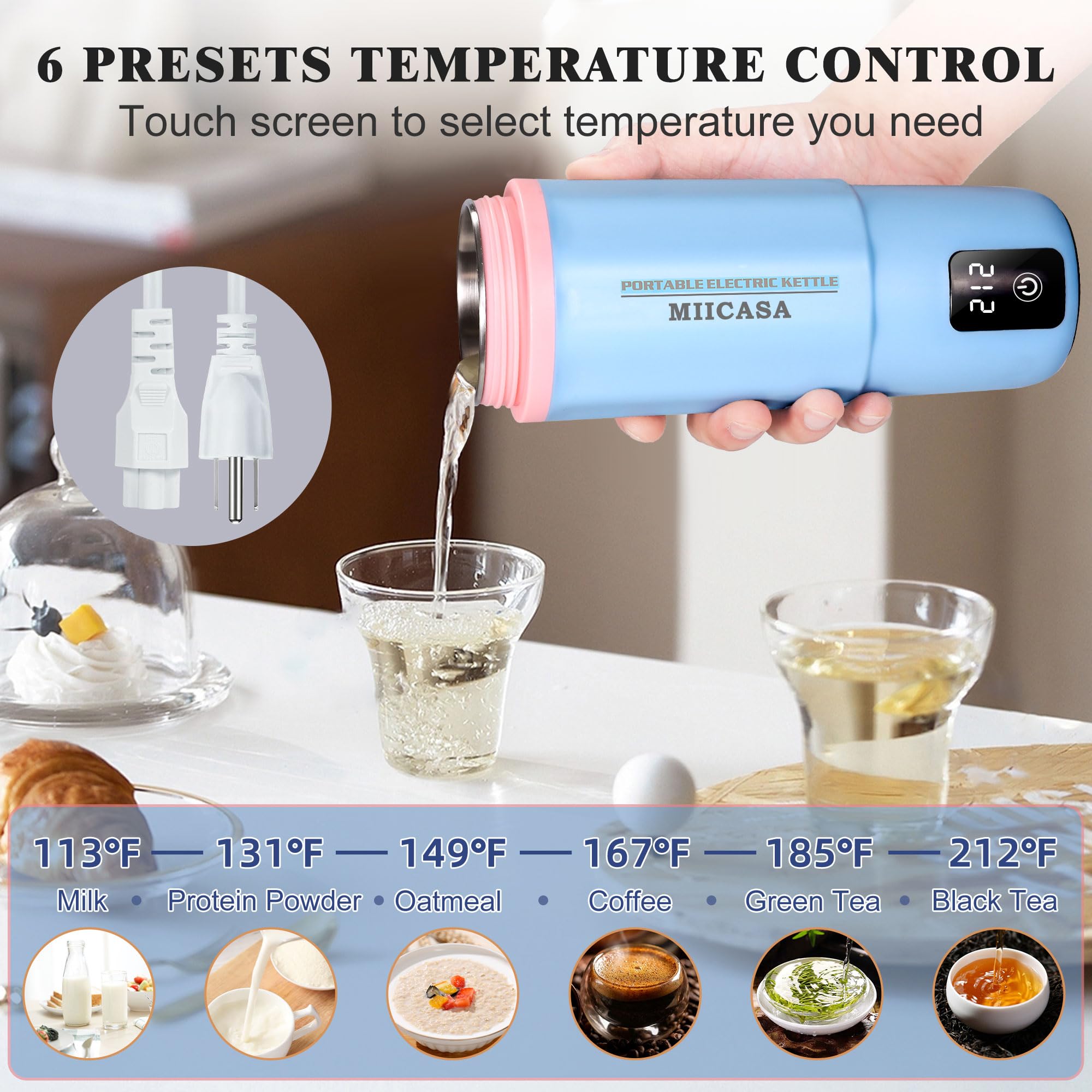Portable Electric Travel Kettle - 17oz Stainless Steel Water Boiler with 6 Temperature Settings, Auto Shut-Off & Boil-Dry Protection, Waterproof Base (Polygon Blue) - Perfect for Camping, Office, Hotel & Home Use