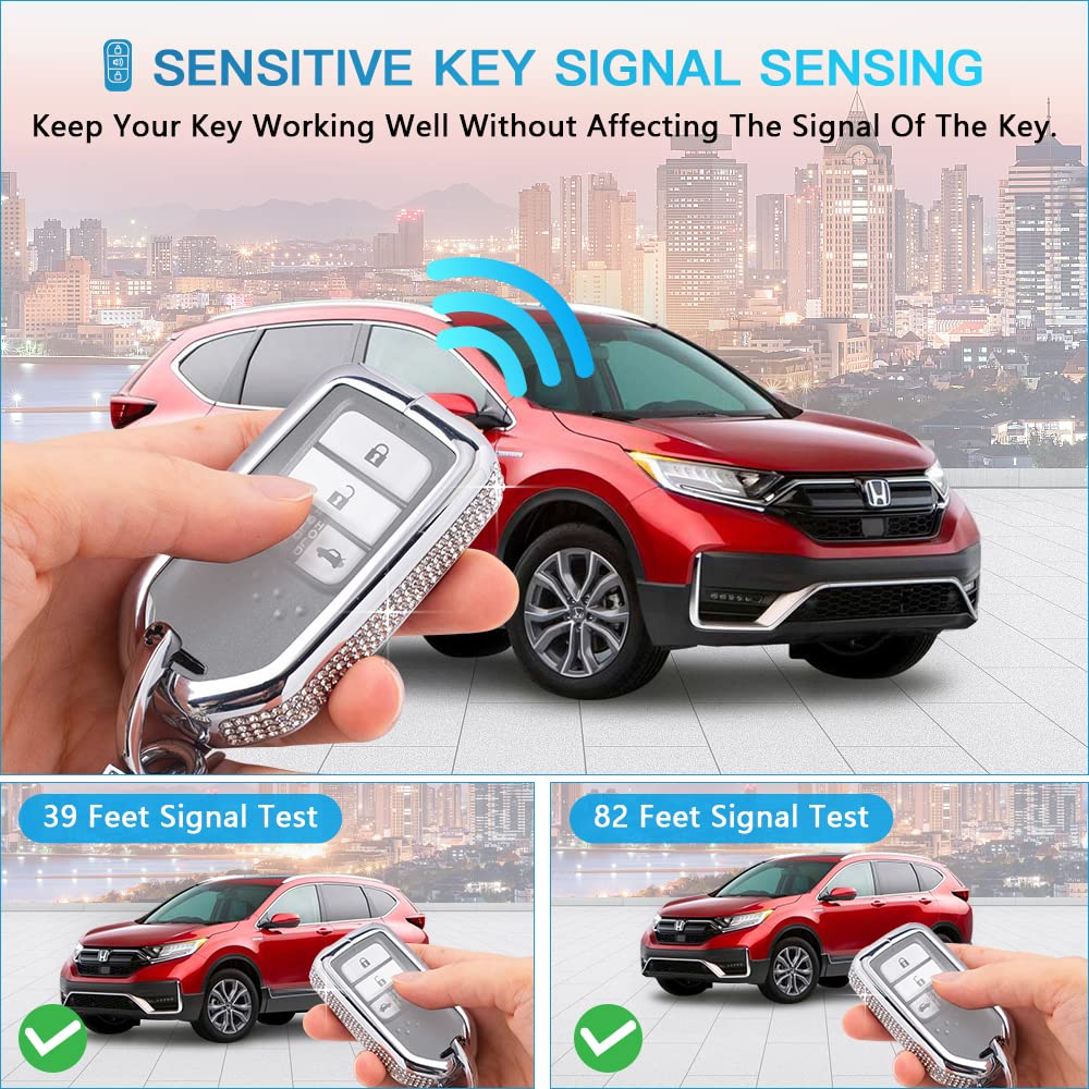 Honda Key Fob Cover for Accord, Civic, CRV, Pilot, Odyssey - Bling Crystal Zinc Alloy Car Remote Case (Silver) | Perfect Keychain Accessory for Protection & Style