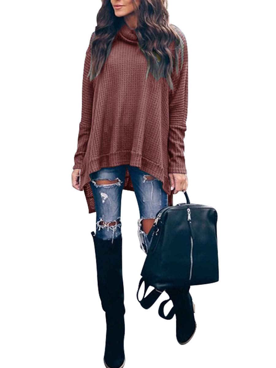 Caracilia Women's Oversized Tunic Sweater - Soft Waffle Knit Turtleneck Batwing Long Sleeve Pullover with Split Hem | Cozy Winter Fashion 2024 | Perfect for Office, Casual Outings & Holiday Gatherings