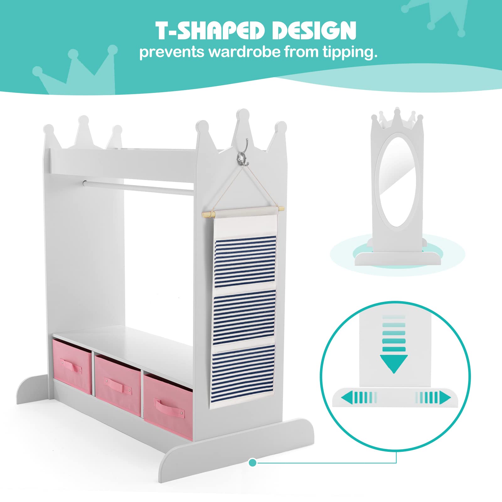 White Kids Armoire Dress-Up Storage with Mirror and Drawers - Costume Wardrobe Closet with Side Pockets & Shoe Shelf for Girls Bedroom - Perfect for Pretend Play, Toy Organization & Kids Room Decor