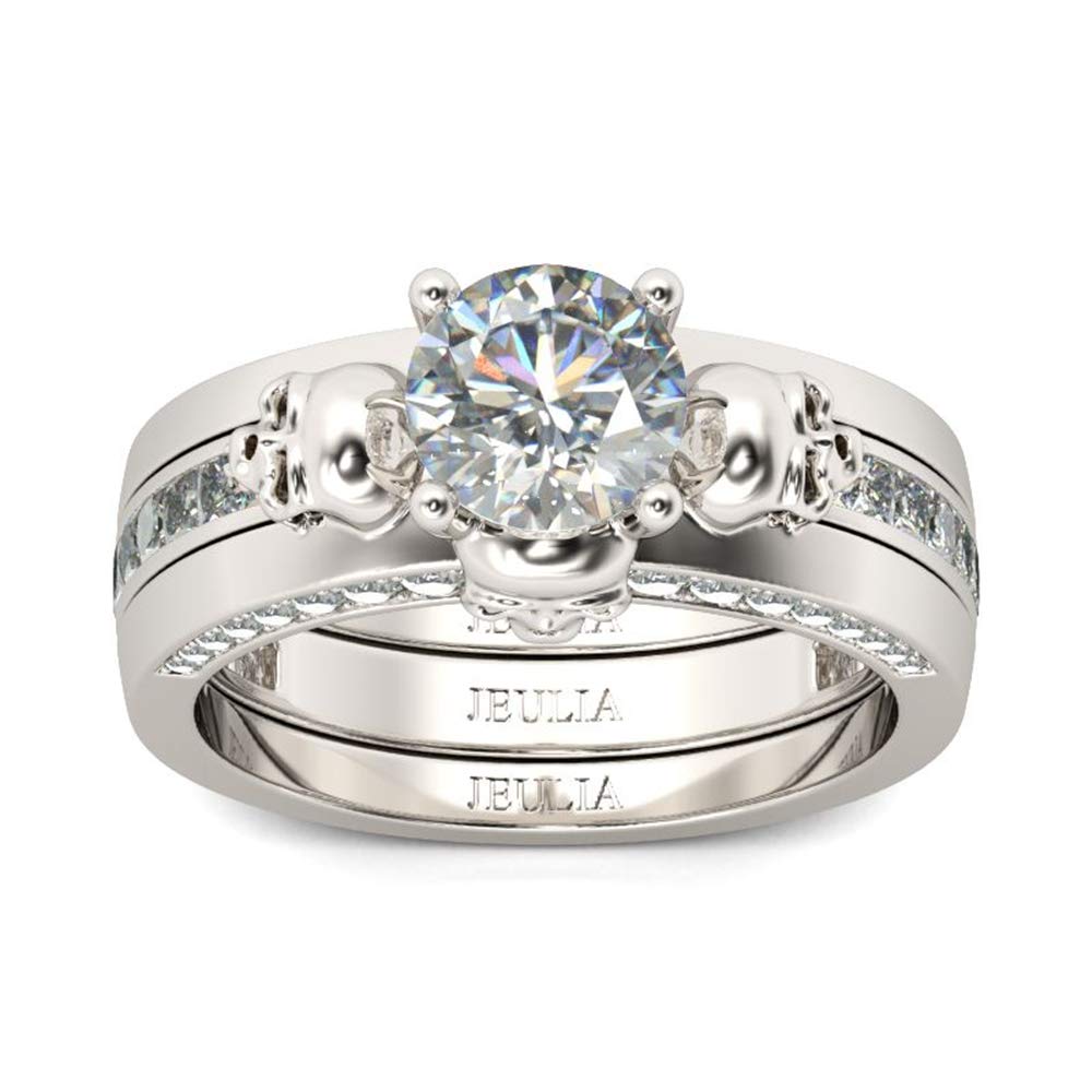 Jeulia 2.5 Carat Sterling Silver Skull Wedding Ring Set for Women - Round Cut Cubic Zirconia Engagement & Promise Band - Interchangeable CZ Solitaire Rings with Gift Box - Perfect for Gothic Weddings, Anniversary Gifts & Alternative Fashion Jewelry