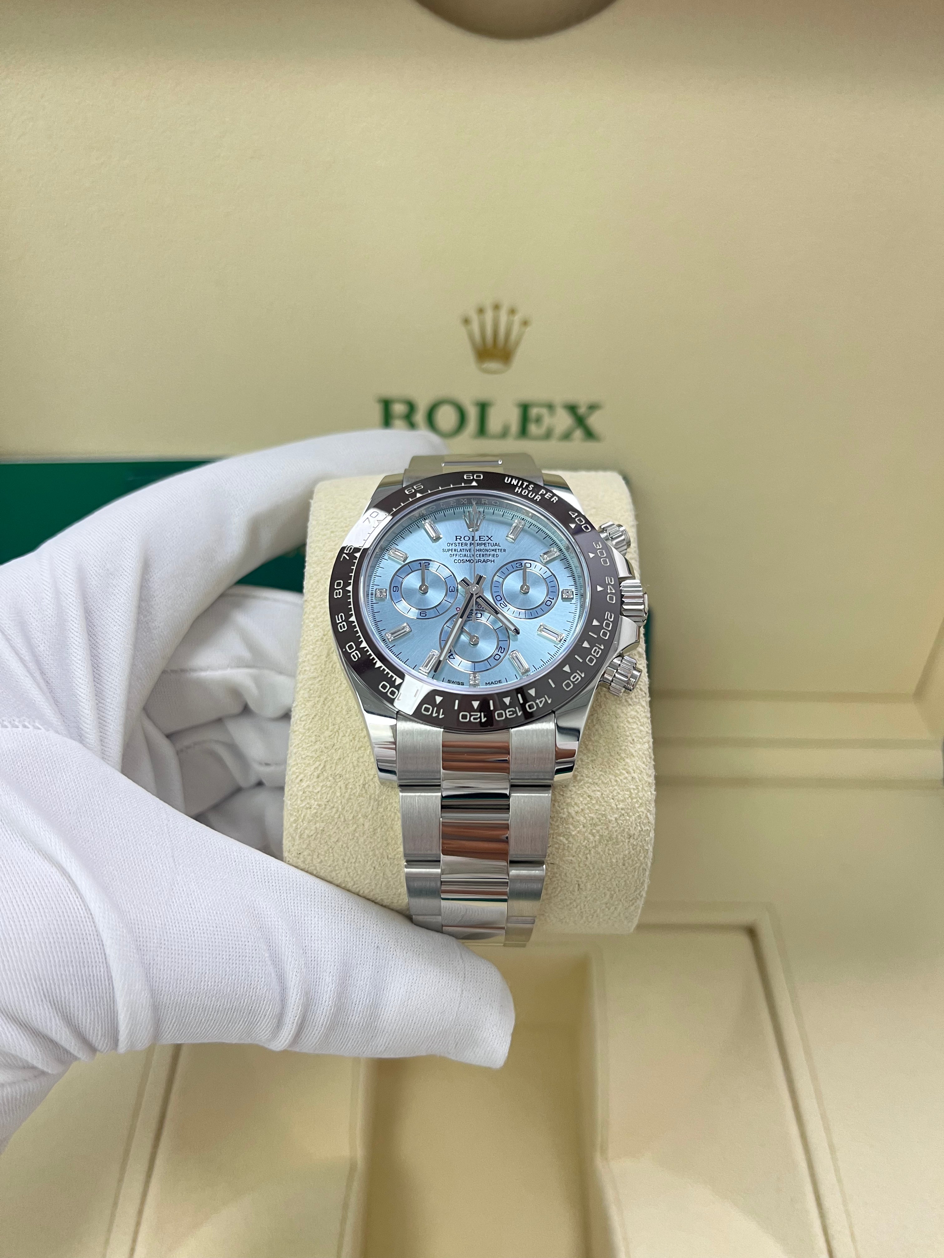 Rolex Daytona Platinum 40mm Ice Blue Diamond Baguette Dial Watch (Ref #116506) - Luxury Men's Chronograph for Special Occasions & Collectors
