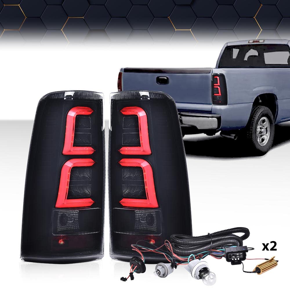 PIT66 LED Tail Lights Replacement for Chevy Silverado 2003-2006 - Smoked Lens with Wiring Harness - Compatible with GM2800174 & GM2801174 - Upgrade Your Truck's Style & Safety for Night Driving