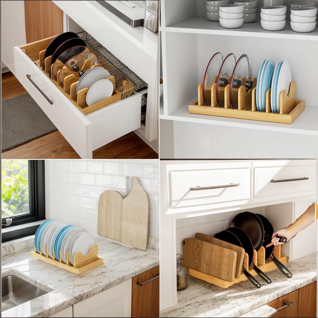 Adjustable Bamboo Pot Lid Organizer - Kitchen Cabinet & Countertop Storage Rack for Pans, Sheets & Covers | Space-Saving Under Cabinet & Counter Organizer for Clutter-Free Cooking