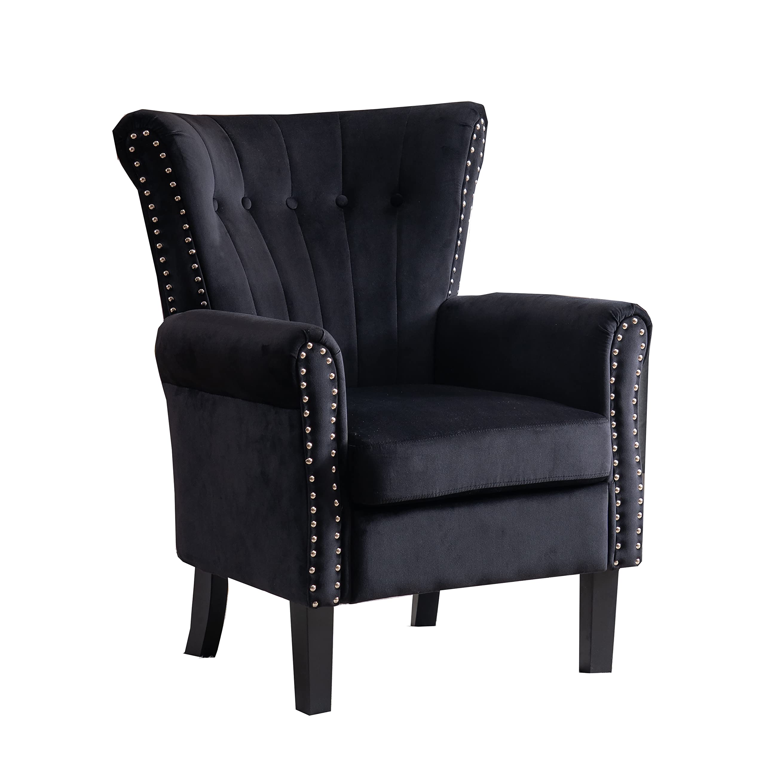 Velvet Tufted Wingback Chair with Wood Legs for Living Room & Bedroom Decor