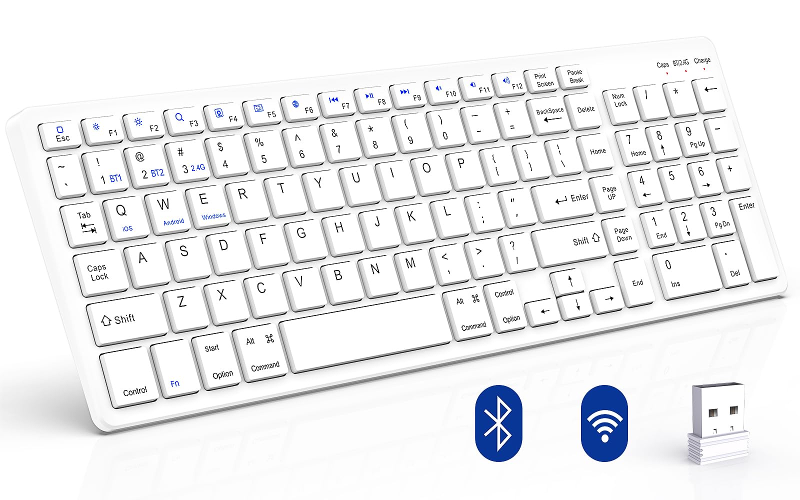 Wireless Bluetooth Keyboard with Number Pad - Full-Size Quiet Computer Keyboard for iPad 10.2 (9th/8th/7th Gen), iPad Air 5th/4th Gen, iPad Pro 11/12.9, iPad 10.5/9.7 & iPad Mini - 2.4G Wireless & Bluetooth Dual Mode - White | Perfect for Office, Home & Travel Use
