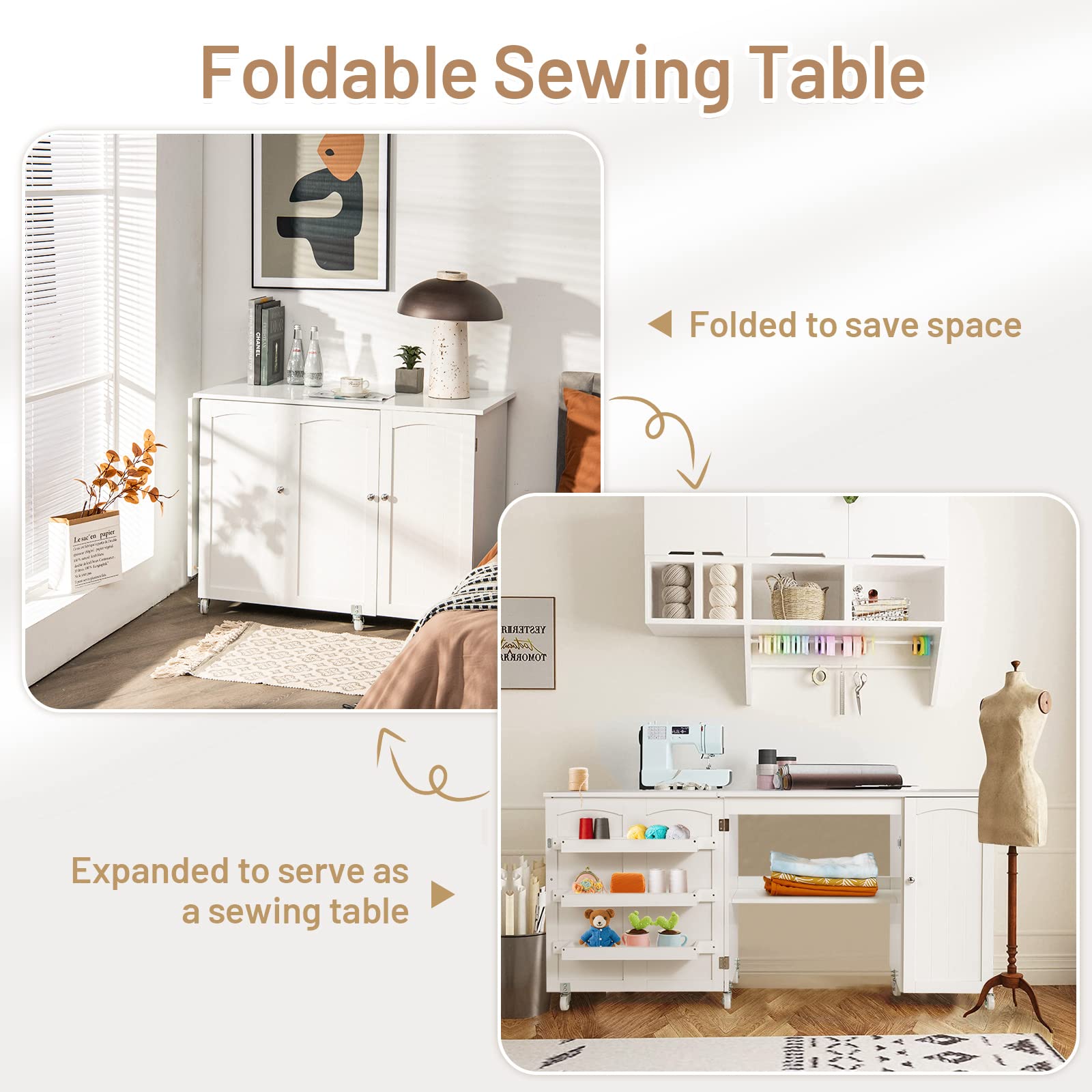 Giantex Folding Sewing Craft Table with 3 Storage Bins & Side Cabinet - Adjustable Rolling Sewing Machine Desk with Lockable Wheels & Interior Shelf - Perfect for Small Spaces, Apartments & Craft Rooms - White