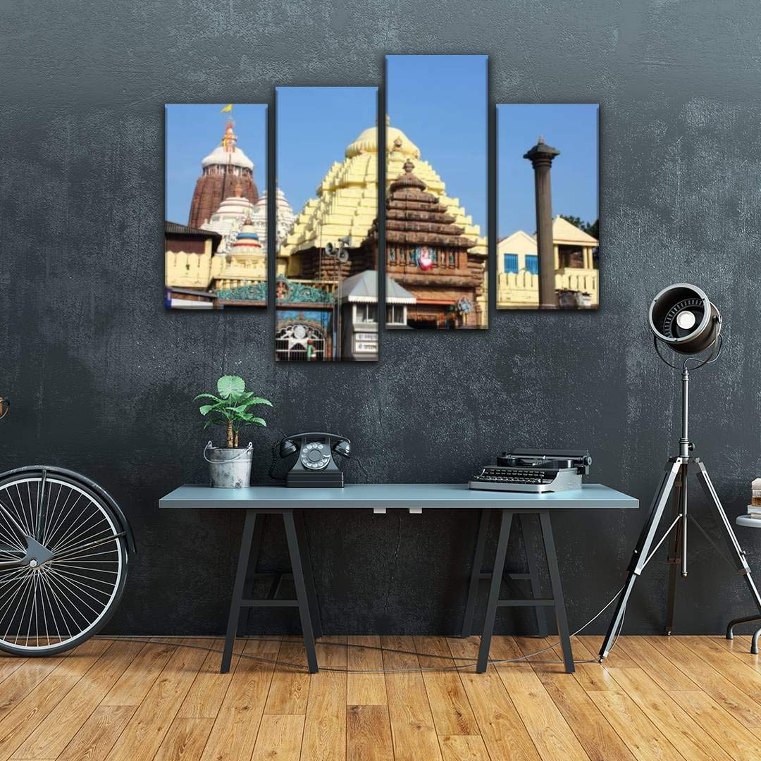 4 Panels Canvas Wall Art - The Shree Jagannath Temple at Puri India - Modern Framed Poster Paintings Ready to Hang for Home & Office Decor | Perfect for Living Room, Bedroom, or Meditation Space