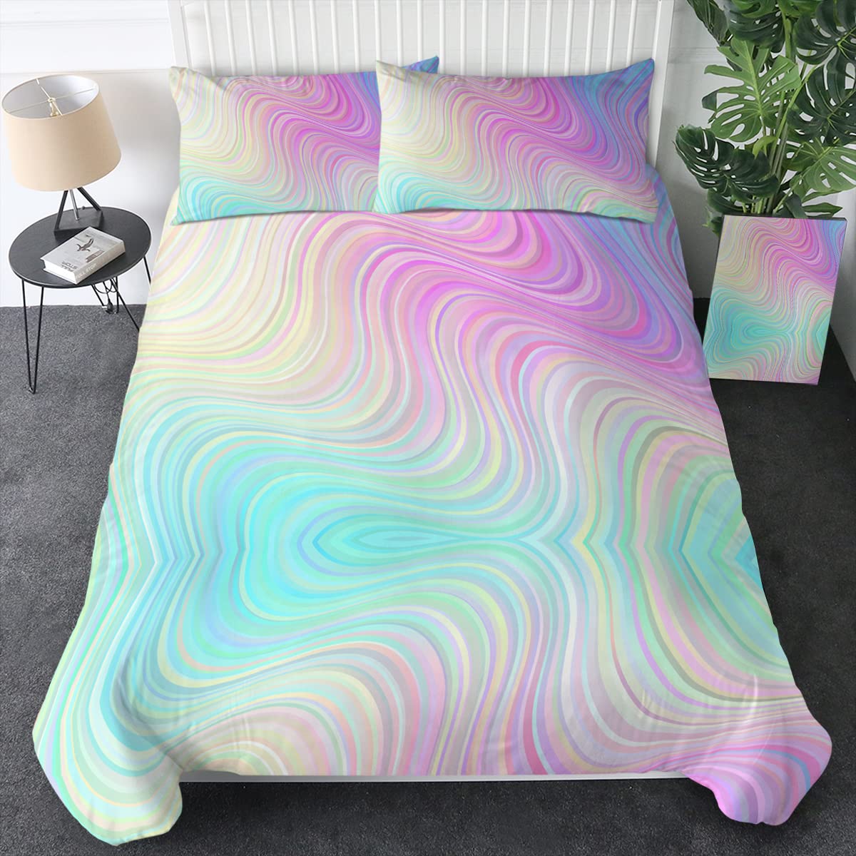 Sleepwish 3-Piece Rainbow King Size Bedding Set for Girls - Pink & Mint Green Modern Abstract Duvet Cover with Pillowcases | Soft Kids & Teens Bedroom Decor | Perfect for Girls' Room, Dorm, or Guest Bed