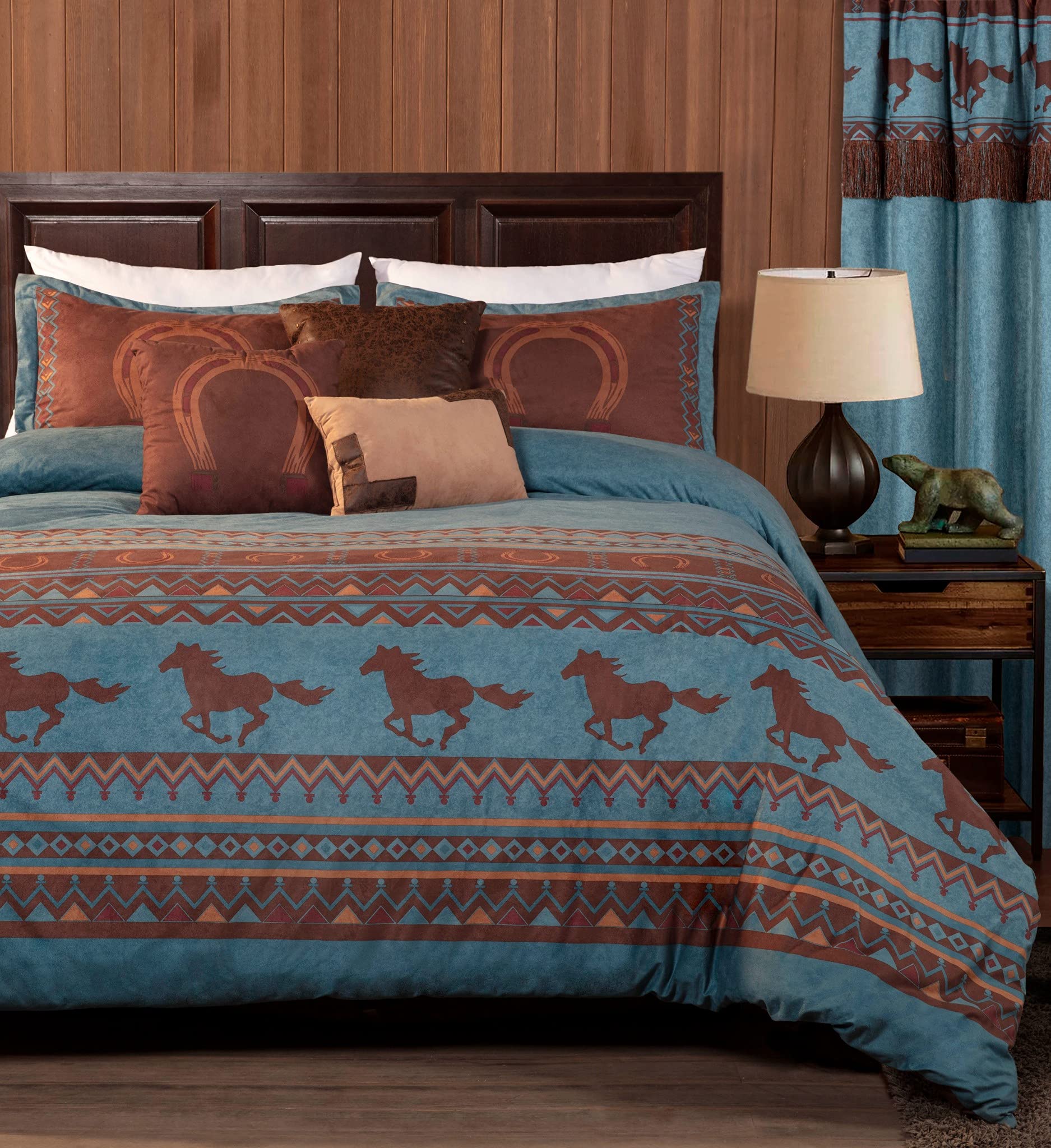 Chezmoi Collection Sedona 7-Piece Southwestern Wild Horses Microsuede Comforter Set - Full Size, Turquoise Blue | Western Theme Bedding for Guest Rooms & Southwestern Decor
