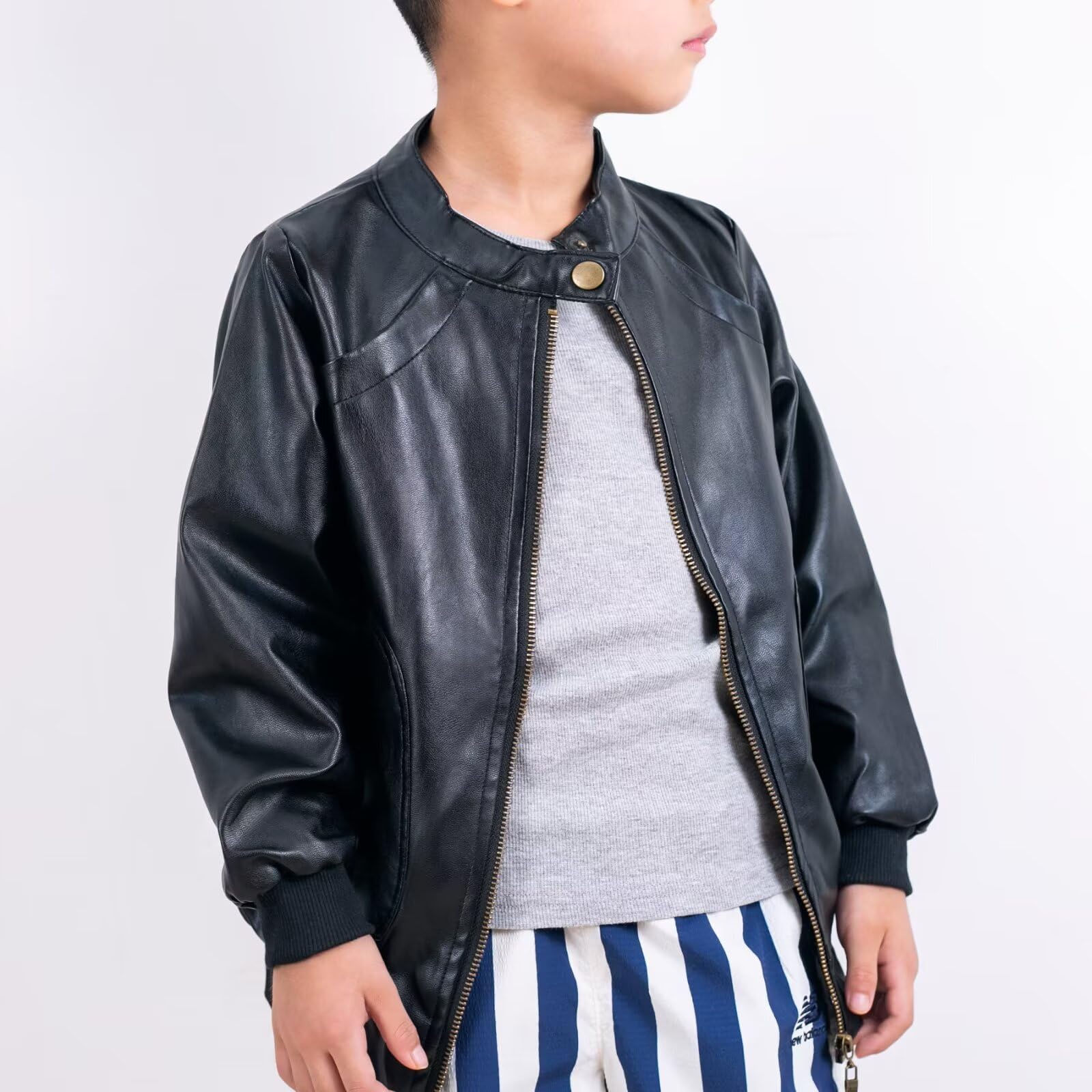 Elife Boys' Trendy Stand Collar PU Leather Motorcycle Jacket for Spring - Black | Stylish Biker Jacket for Kids Outdoor Riding & Casual Wear