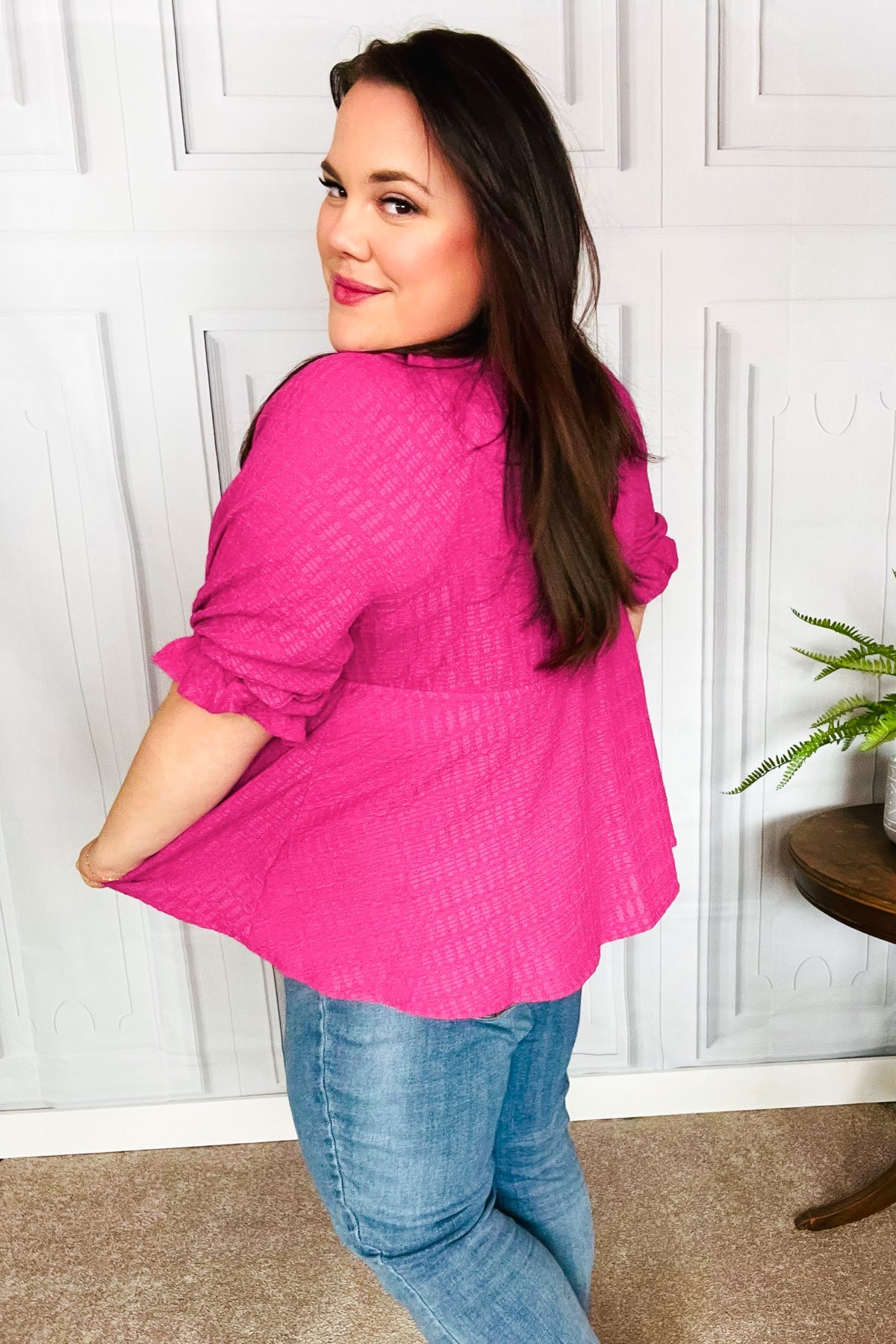 Fuchsia Textured V-Neck Babydoll Top for Women - Sexy Lace Trim Cami Blouse for Date Night & Party Outfits