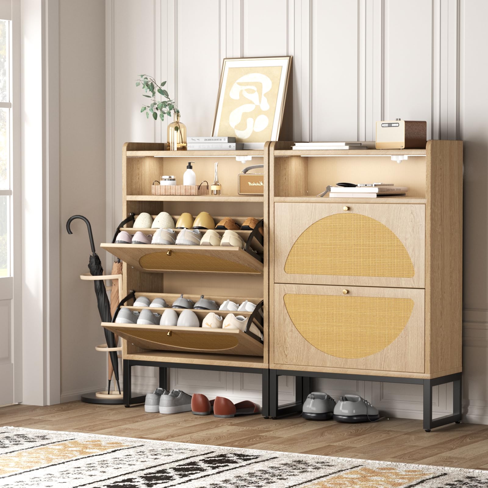 Rattan Shoe Storage Cabinet with 2 Flip Drawers & Sensor Light - Slim Entryway Shoe Organizer with Metal Frame for Hallway, Living Room, or Bedroom - Beige (Natural) Hidden Shoe Cabinet for Small Spaces