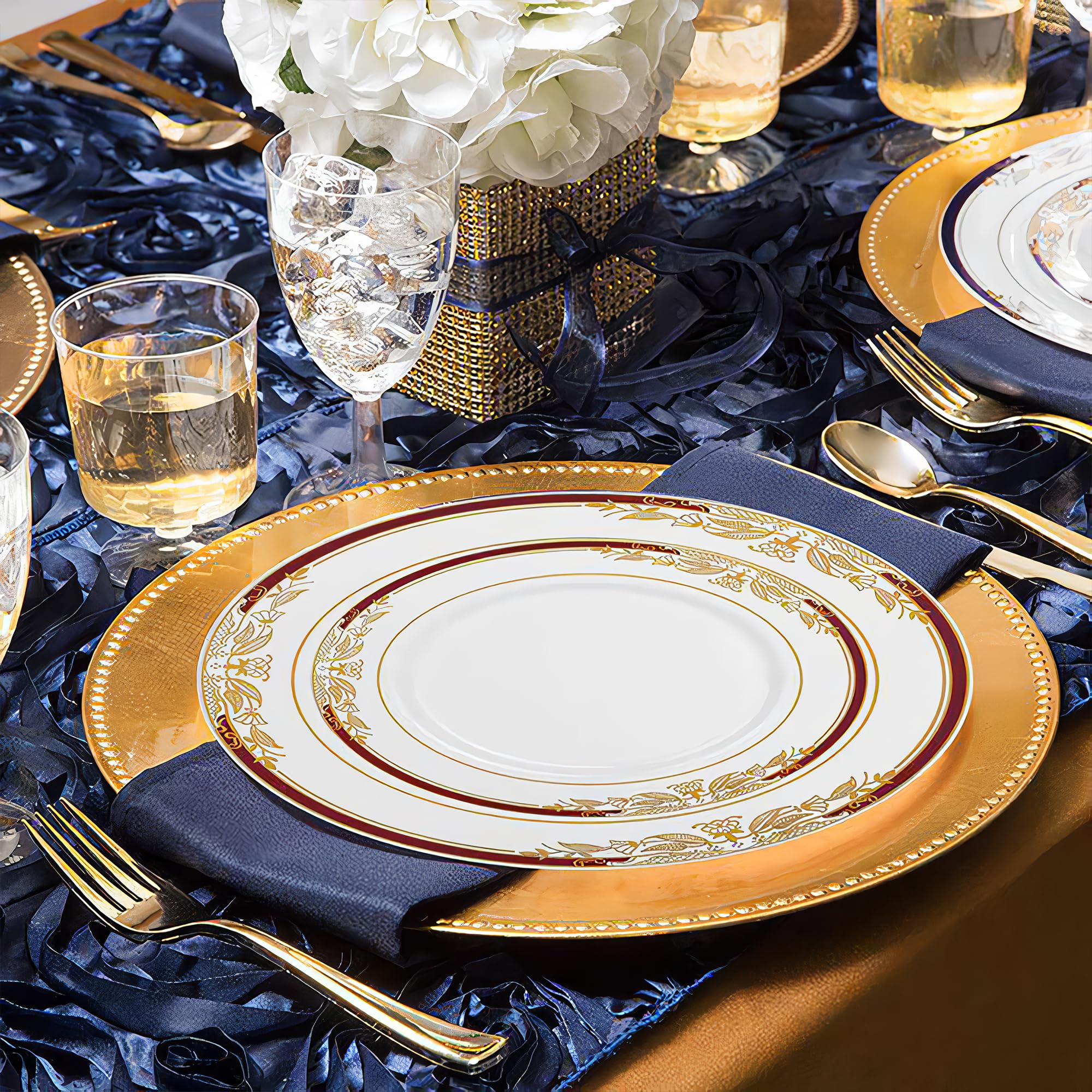 Elegant White with Burgundy & Gold Trim Disposable Plastic Dinner Plates 10.25 Inch - 10 Pack for Wedding Reception, Banquet, Party, Anniversary & Holiday Celebrations - Perfect for Upscale Events, Catering & Special Occasions