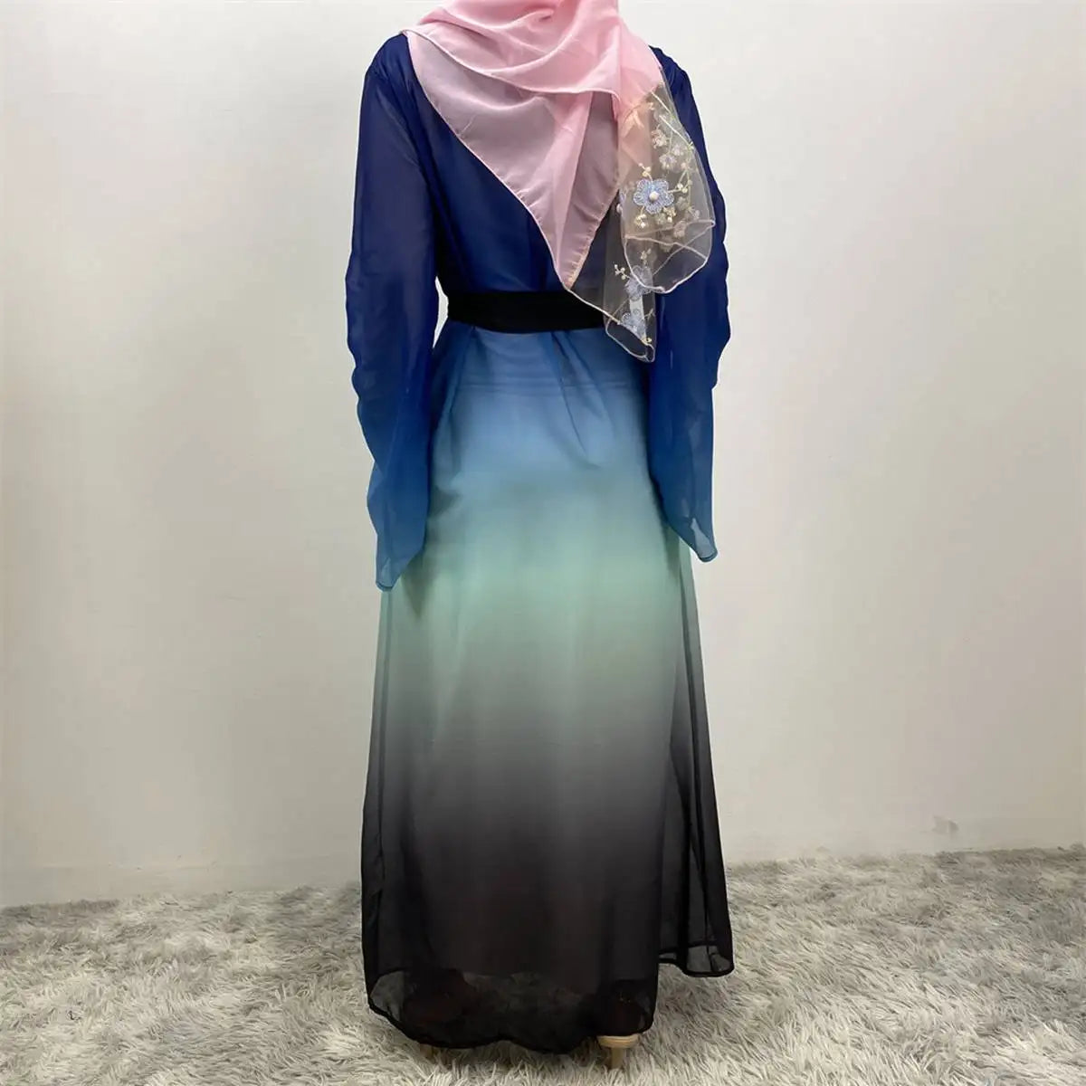 Gradient Color Chiffon Muslim Women's Cardigan Open Abaya Dress - Elegant Prayer Dress for Hijab Fashion & Special Occasions