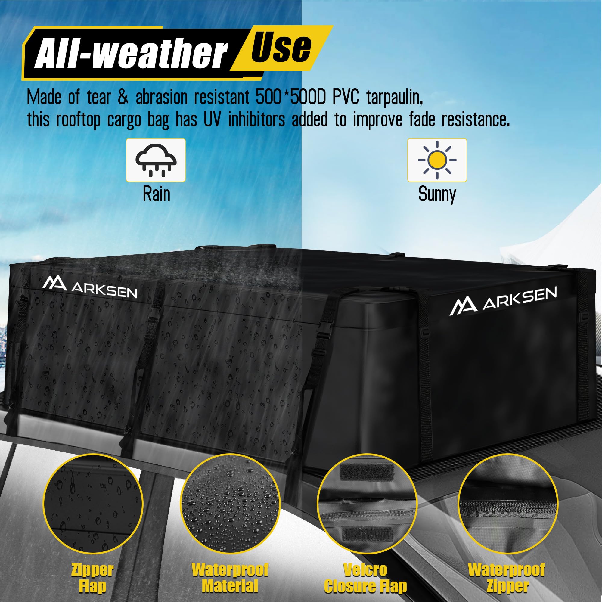 ARKSEN 21.5 Cubic Feet Waterproof Roof Top Cargo Bag - Fits 64