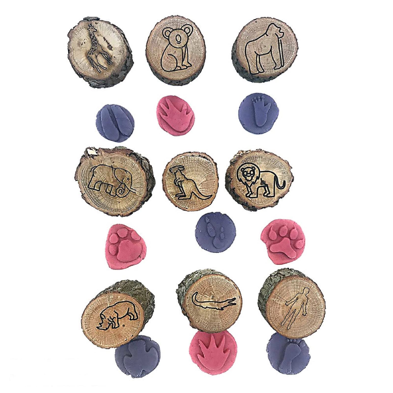 Wooden Animal Footprint Stamps - 9pcs Kids Playdoh Stamps for Creative Crafts & Forest Learning