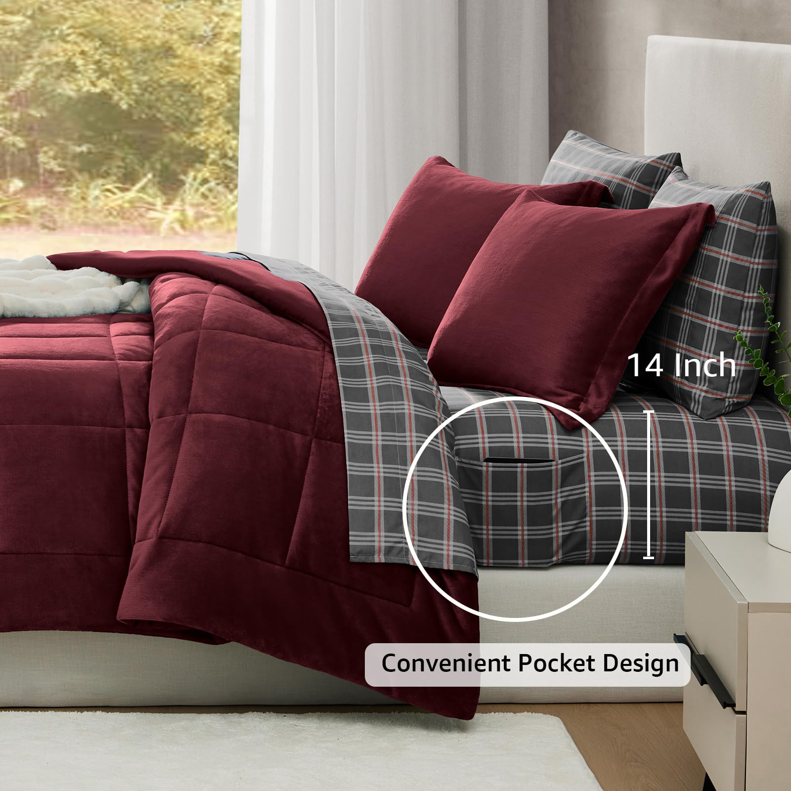 Luxury 7-Piece Queen Comforter Set - Burgundy Red Flannel Velvet Bedding with Comforter, Sheets & Pillowcases | Ultra Soft & Warm Winter Bedding Collection | Perfect for Master Bedroom, Guest Room & Cozy Winter Nights