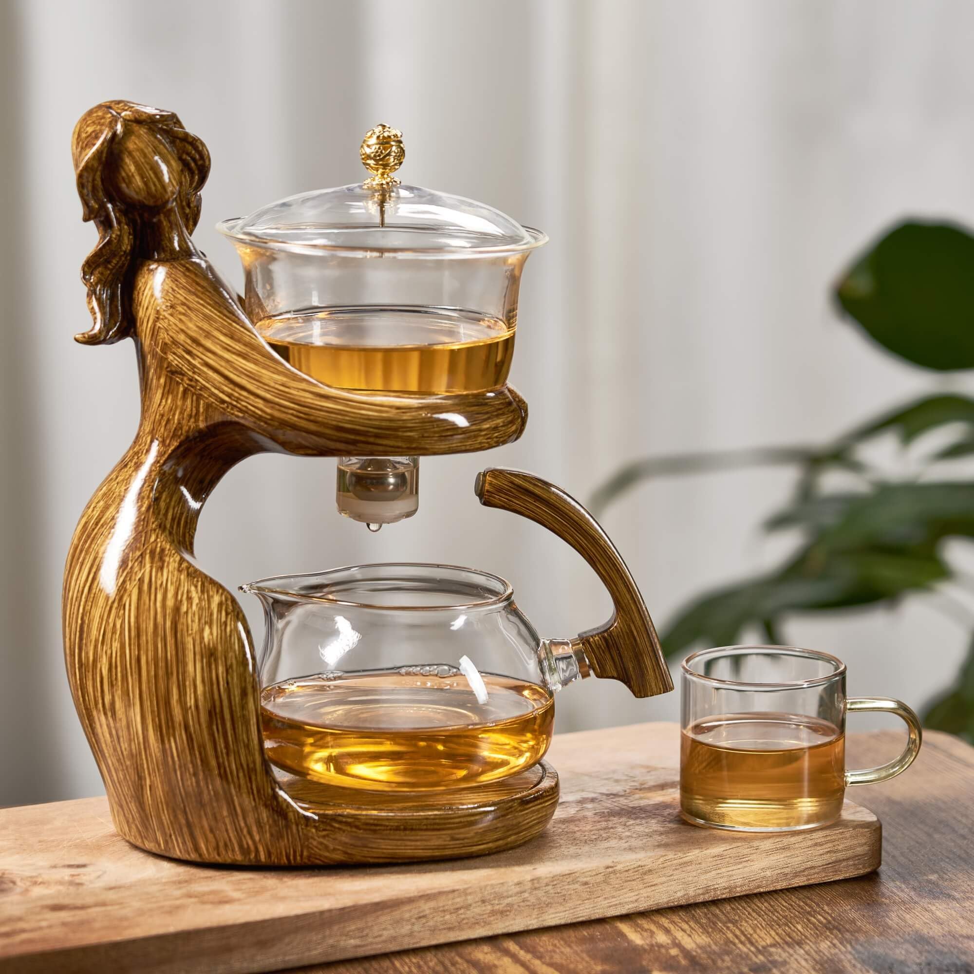 Premium Semi-Automatic Glass Kung Fu Tea Set with Infuser & 6 Small Cups - Traditional Chinese Brown Teapot for Home, Office & Tea Ceremony Use