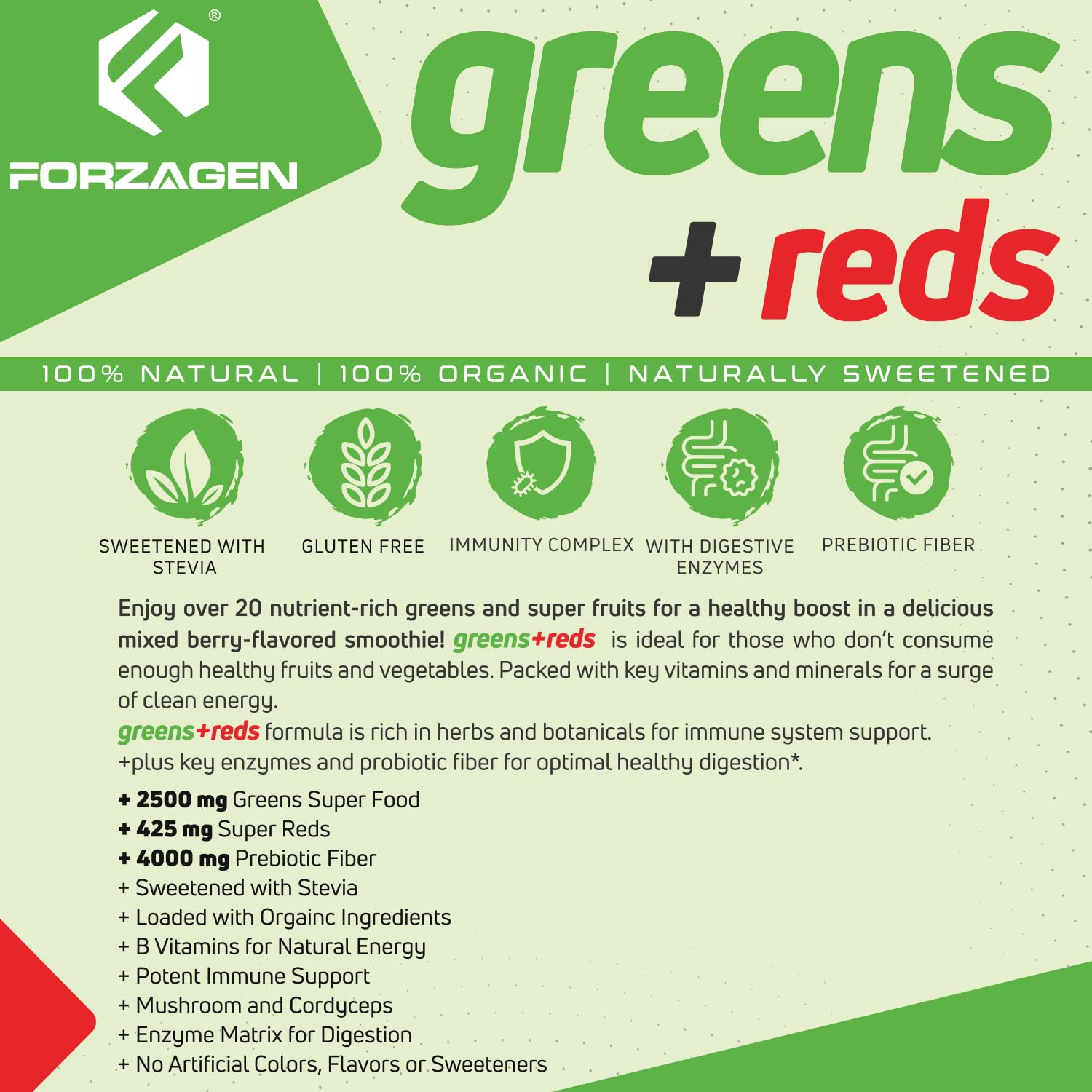 Forzagen Vegan Greens & Reds Superfood Powder - Organic Plant-Based Superfood Blend | Premium Vegan Greens & Reds Supplement with 35 Servings | Boost Energy & Immunity for Active Lifestyles