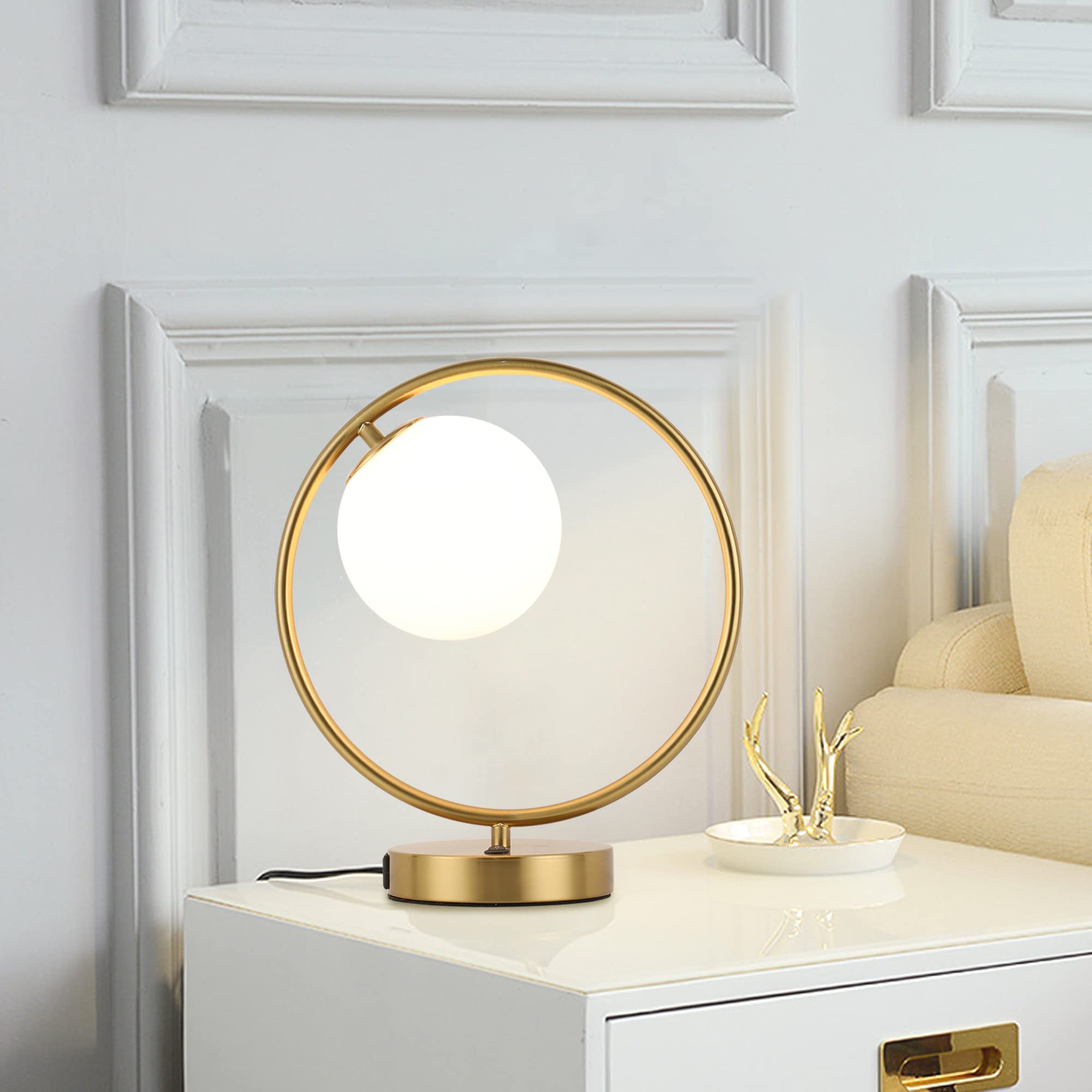 Modern Globe Glass Desk Lamp - Gold Moon Shape Metal Table Light with G9 Base for Bedroom, Living Room & Office | Stylish Reading Lamp for Home Decor & Workspace Lighting