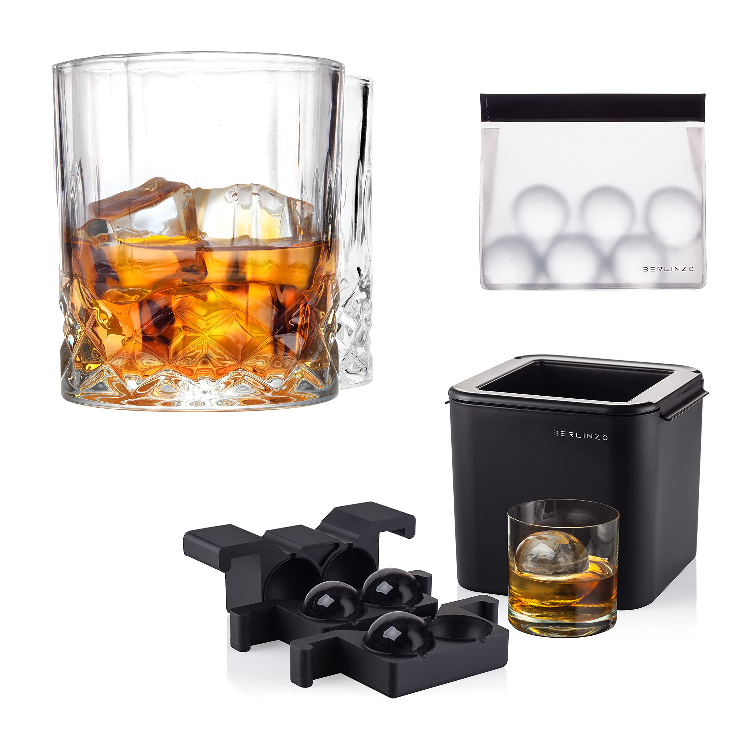 BERLINZO Premium Clear Ice Ball Maker Mold with 2 Whiskey Glasses Set - 2.4 Inch Large Whiskey Ice Ball Maker for Cocktails & Bourbon - Home Bar Accessories for Whiskey Lovers & Entertaining - Perfect for Parties, Gifts & Relaxing Evenings