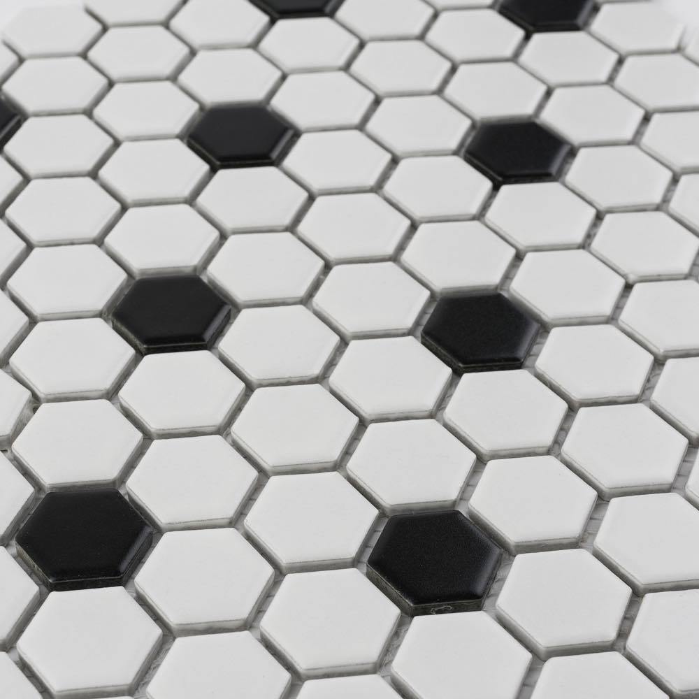 Hexagon Porcelain Mosaic Tile - White and Black Dots Peel and Stick Backsplash for Kitchen, Bathroom, Shower Wall Decor - Waterproof & Easy to Install