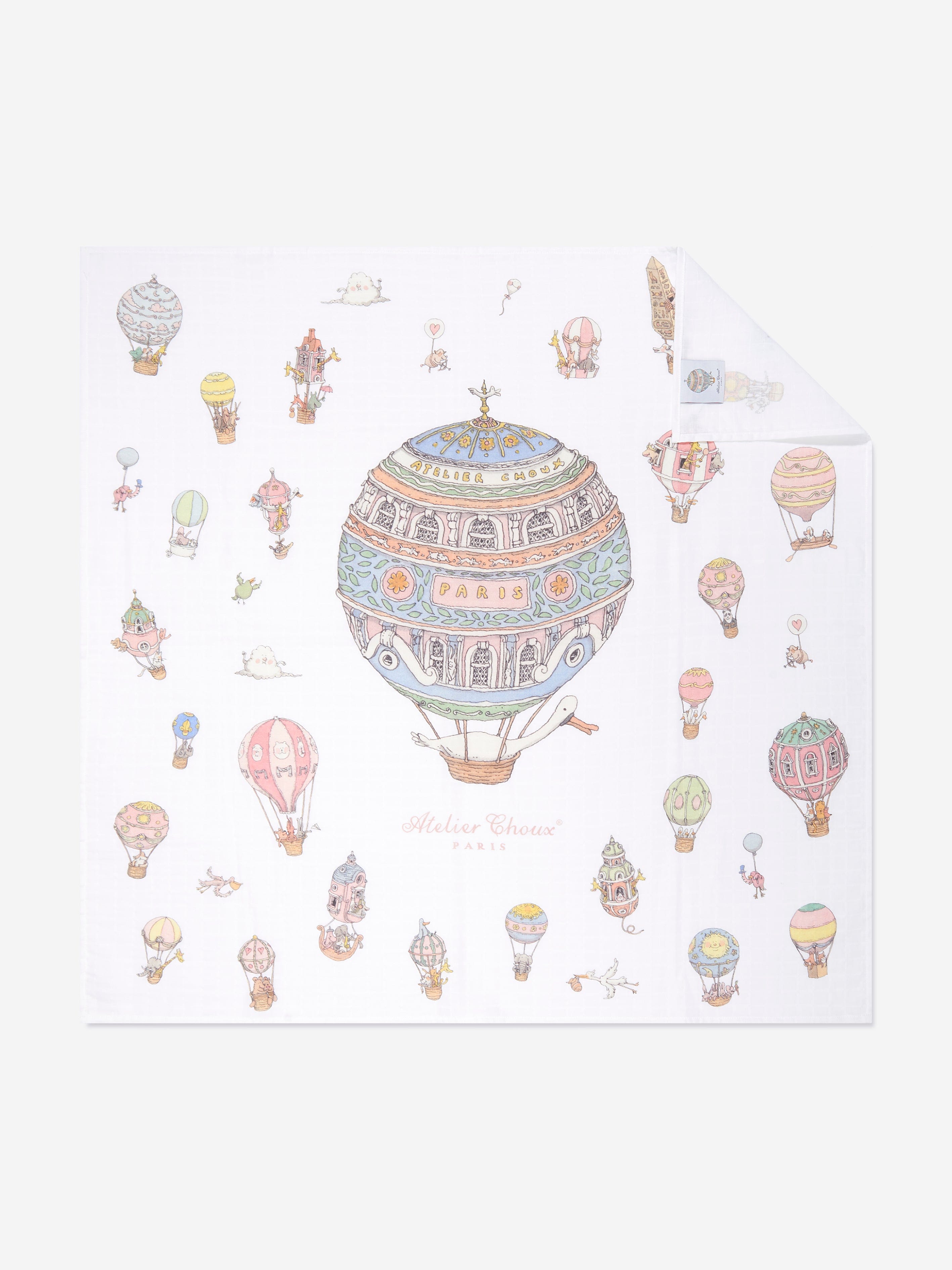 Atelier Choux Baby Hot Air Balloons Swaddle & Satin Bib Set - White | Soft Newborn Swaddle Blanket & Drool Bib for Boys & Girls | Perfect for Nursery, Photography & Baby Shower Gifts
