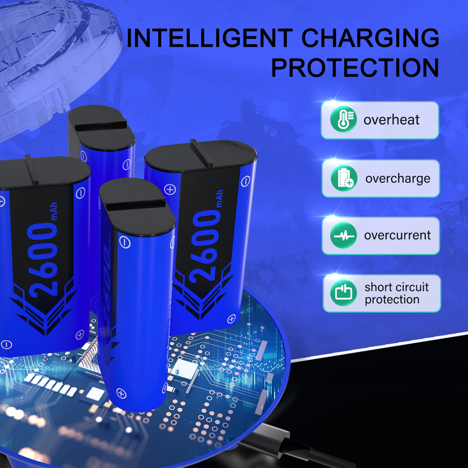 Rechargeable Battery Pack for Xbox One Controller - 4x2600mAh High Capacity with Charging Dock - Compatible with Xbox One S/X & Xbox Series S/X Controllers (Blue) - Perfect for Gaming, Streaming & Long Play Sessions