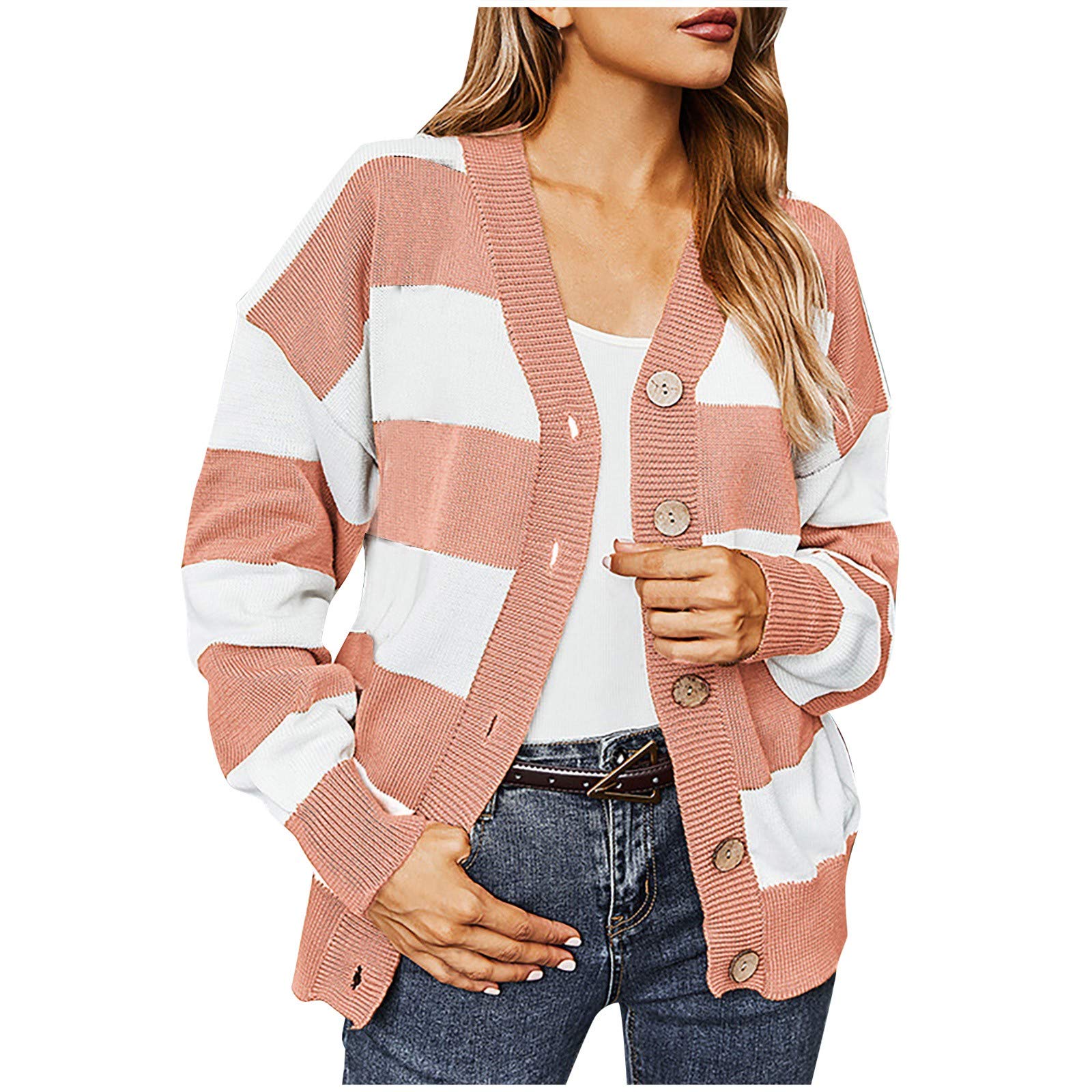 Women's Black & White Plaid Open Front Cardigan - Soft Knit Long Sleeve Button Down V-Neck Sweater Top for Casual Wear | Perfect for Office, Date Night & Fall Layering