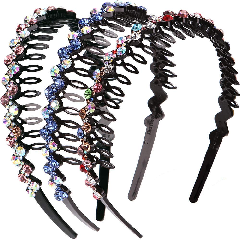 LONEEDY Rhinestone Crystal Teeth Comb Headbands for Women - Non-Slip Hard Headband Hair Accessories (Blue, Pink) - Perfect for Weddings, Parties, and Special Occasions