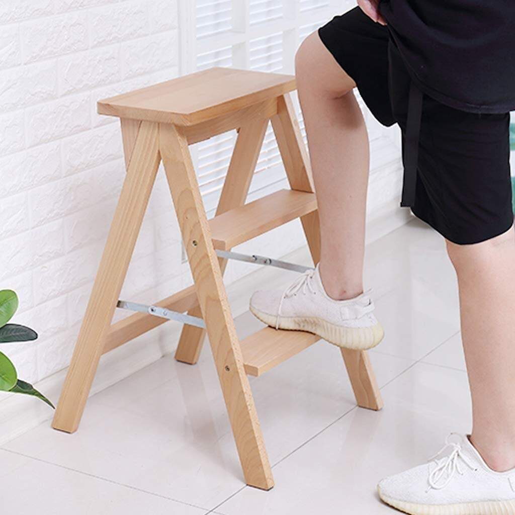 Foldable Step Stool Ladder with High Pedal - Solid Wood Storage Shelf, Multifunctional Climbing Stool for Home, Kitchen, Bathroom & Garage Organization