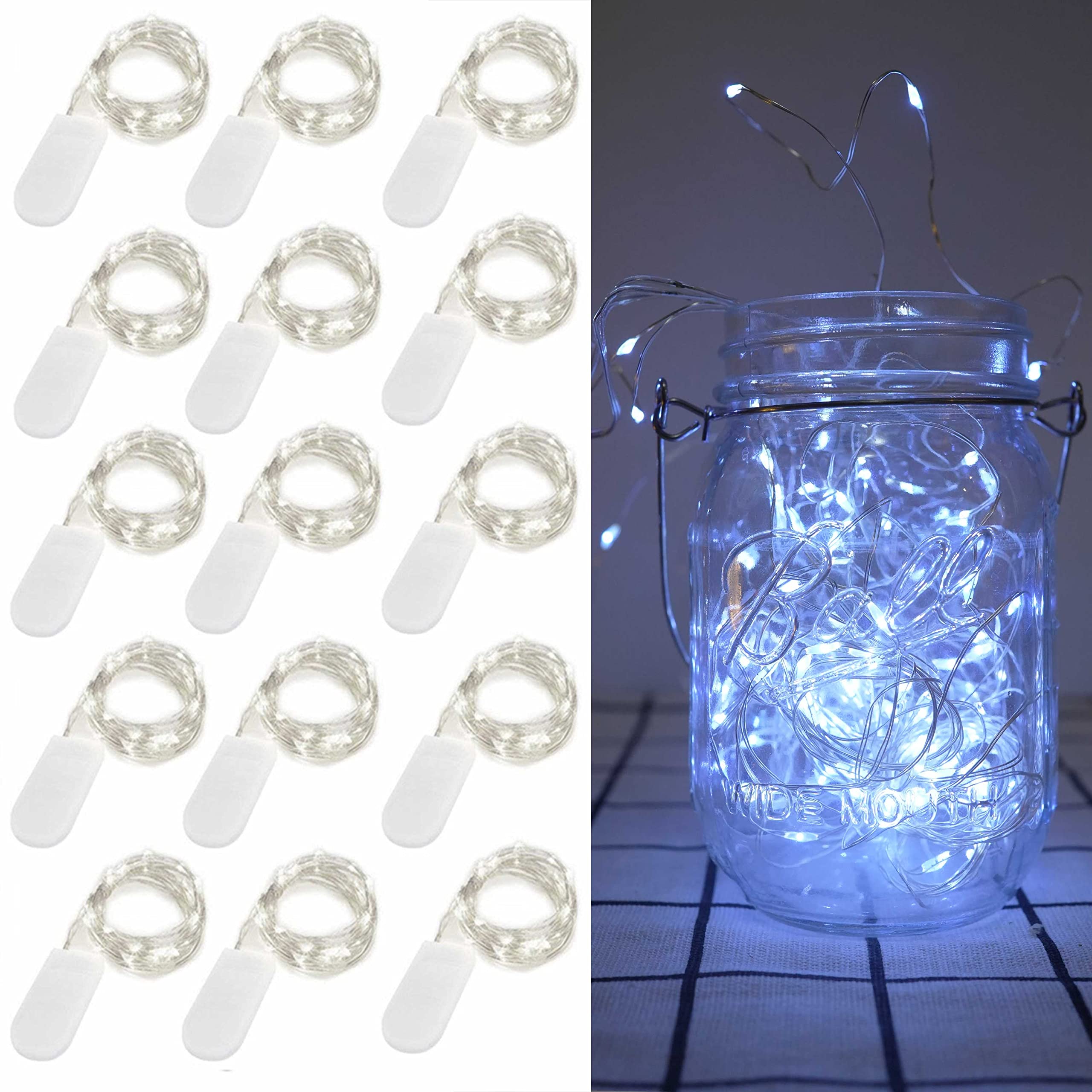 15 Pack Battery Operated Fairy Lights - 6.6ft 20 LED Waterproof Mason Jar Lights with Silver Wire | Perfect for Wedding Centerpieces, Christmas Decor, DIY Crafts, Table Party & Home Decoration | Indoor/Outdoor Use