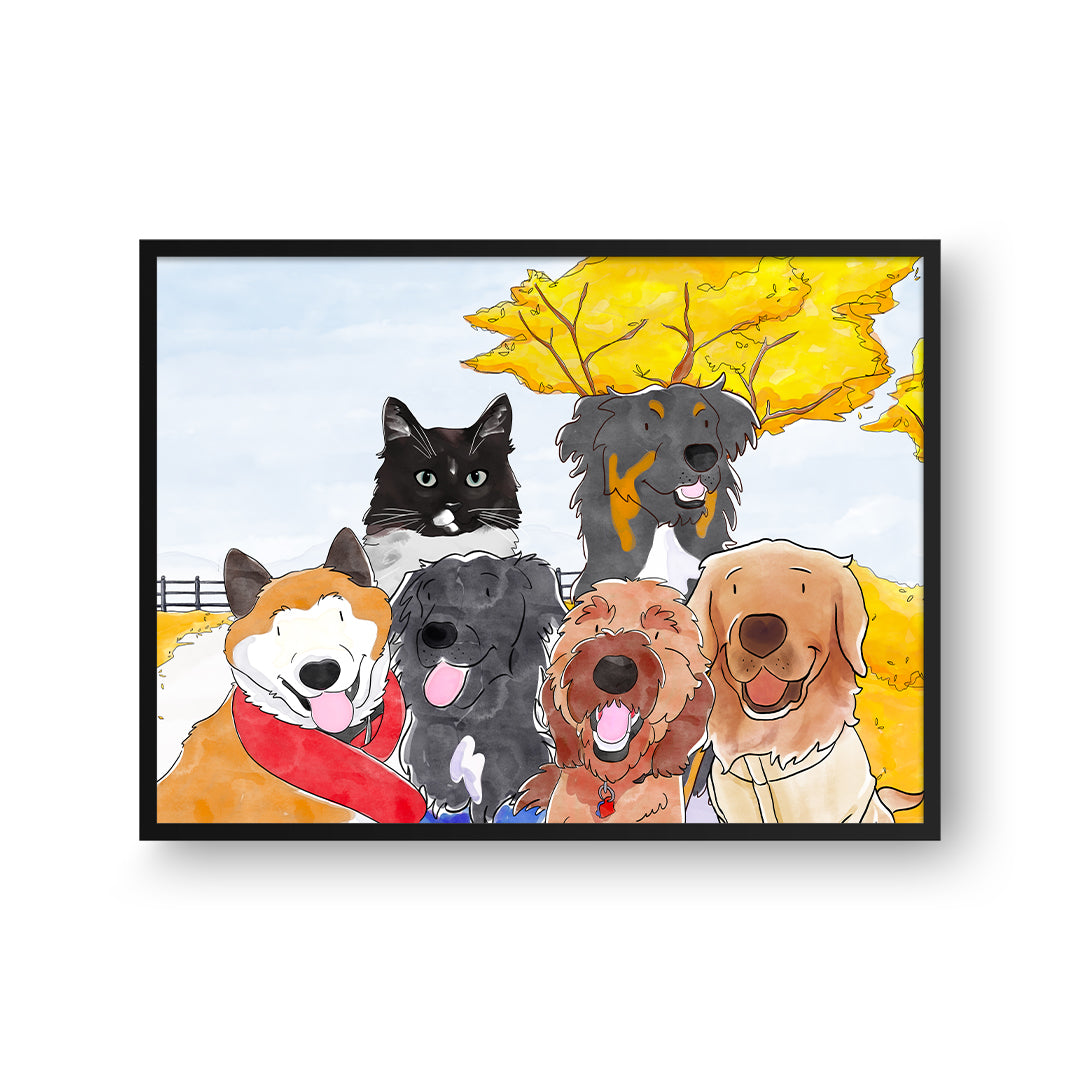 Custom Watercolor Pet Portrait - Personalized Six Pets Framed Wall Art - Perfect for Home Decor, Gifts & Pet Lovers