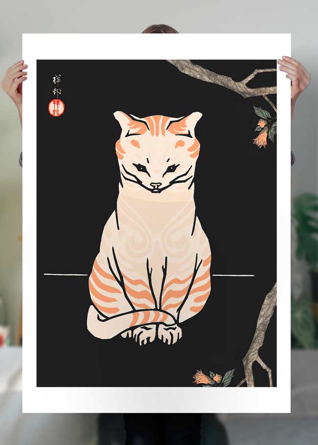Vintage Japanese Cat Print - Antique Style Wall Art for Home Decor, Living Room, Bedroom & Office