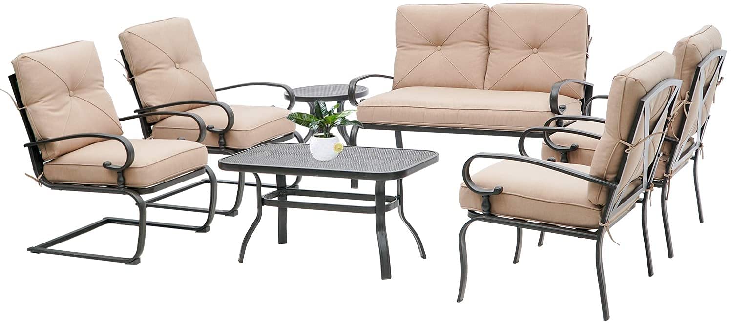 SOLAURA 7-Piece Outdoor Metal Patio Furniture Set - Brown Wicker Conversation Set with 2 Spring Chairs, 2 Patio Chairs, Loveseat, Coffee Table & Side Table - Perfect for Garden, Backyard, Poolside & Terrace Relaxation