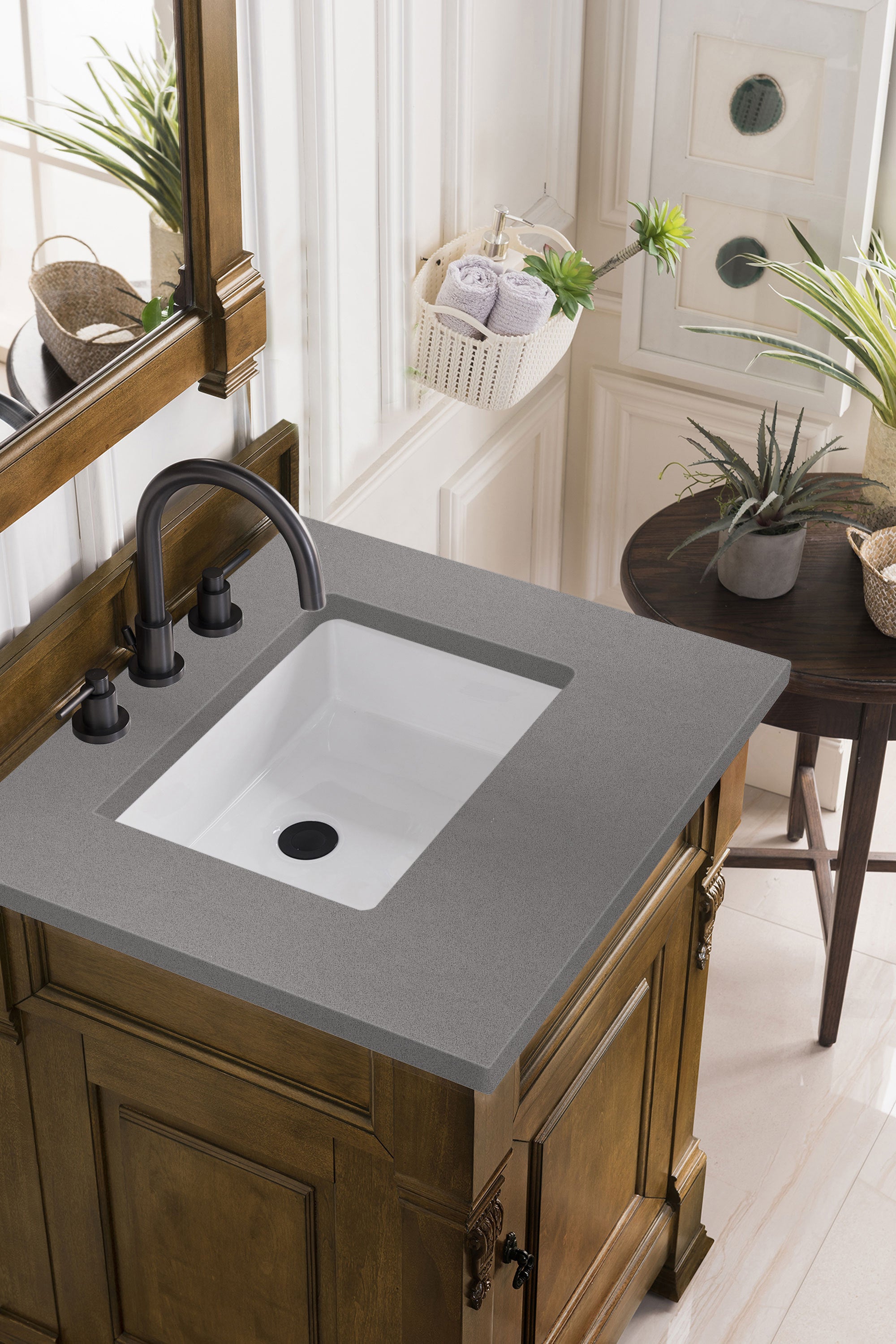 Brookfield 26 Inch Single Bathroom Vanity Set - Country Oak Finish with 3CM Grey Expo Quartz Countertop - Perfect for Small Bathrooms & Powder Rooms