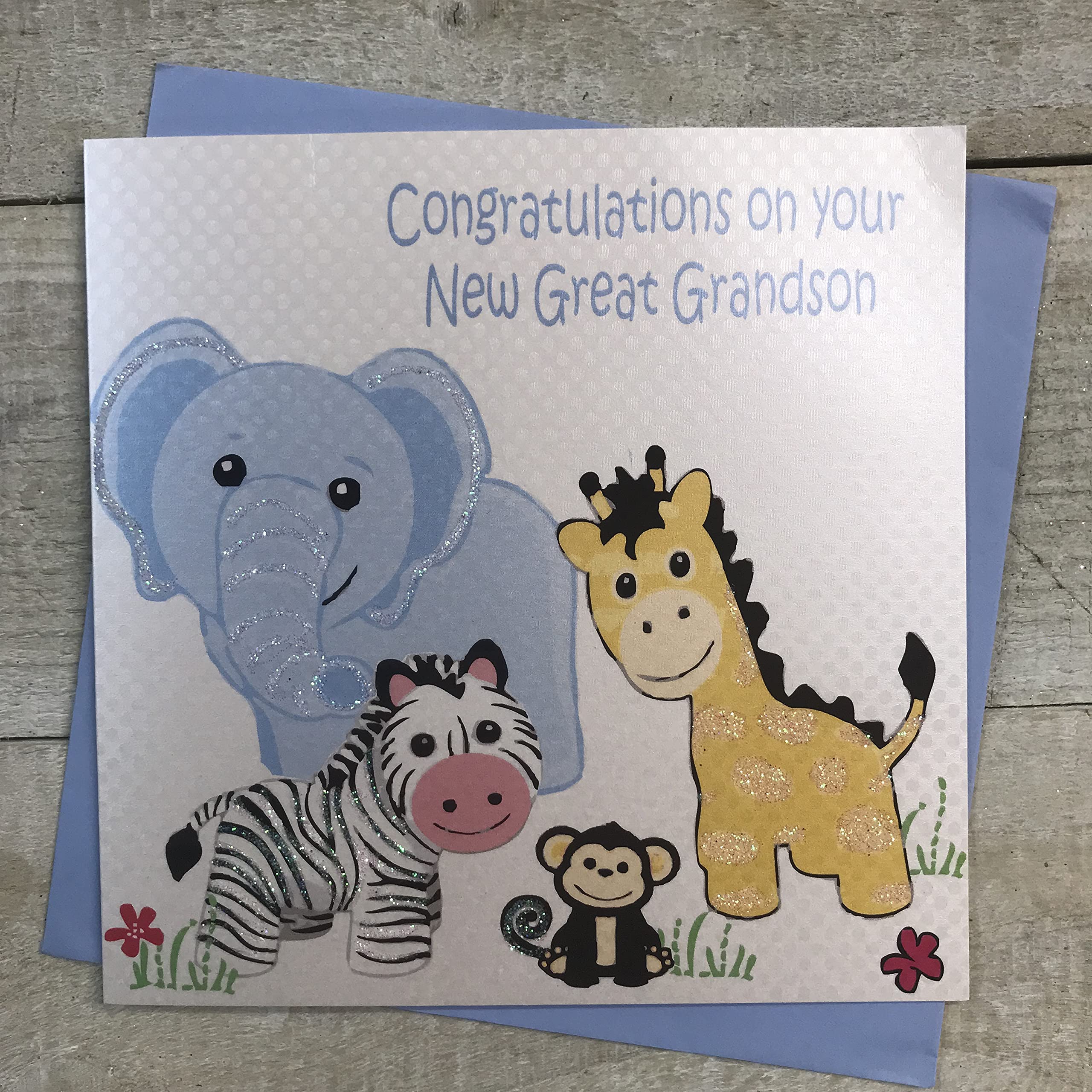 White Diamonds Congratulations Handmade New Grandson Greeting Card - Perfect for Baby Showers, Birth Announcements & First Birthday Celebrations (Safari Toys)
