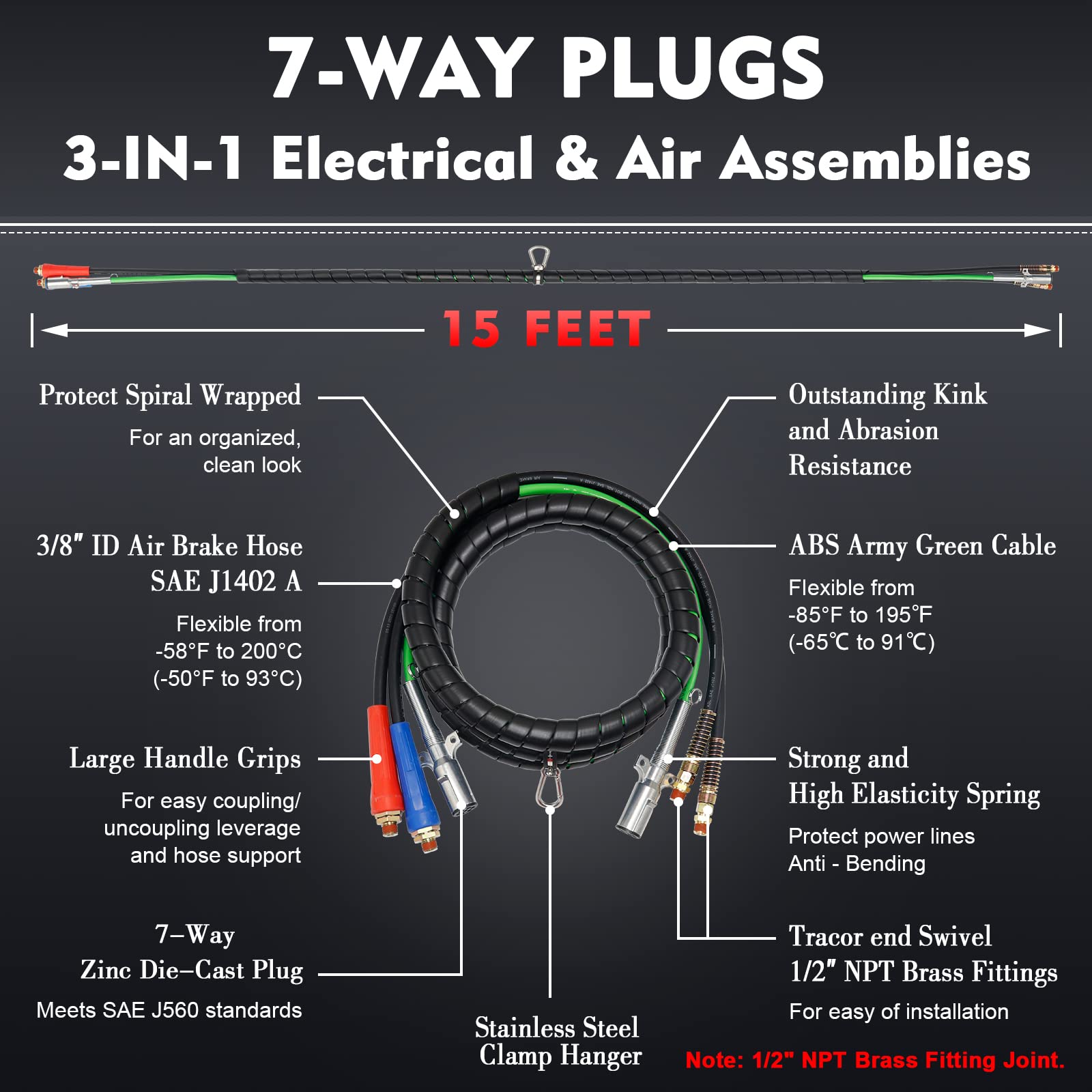 **15FT Air Line Hose Kit for Semi Trucks - 3-in-1 Wrap ABS & Power Air Hose with 2 Pairs Aluminum Emergency Glad Hands - Heavy Duty Tractor Trailer Air Brake System Accessories (Ideal for Long-Haul Transport & Emergency Repairs)**
