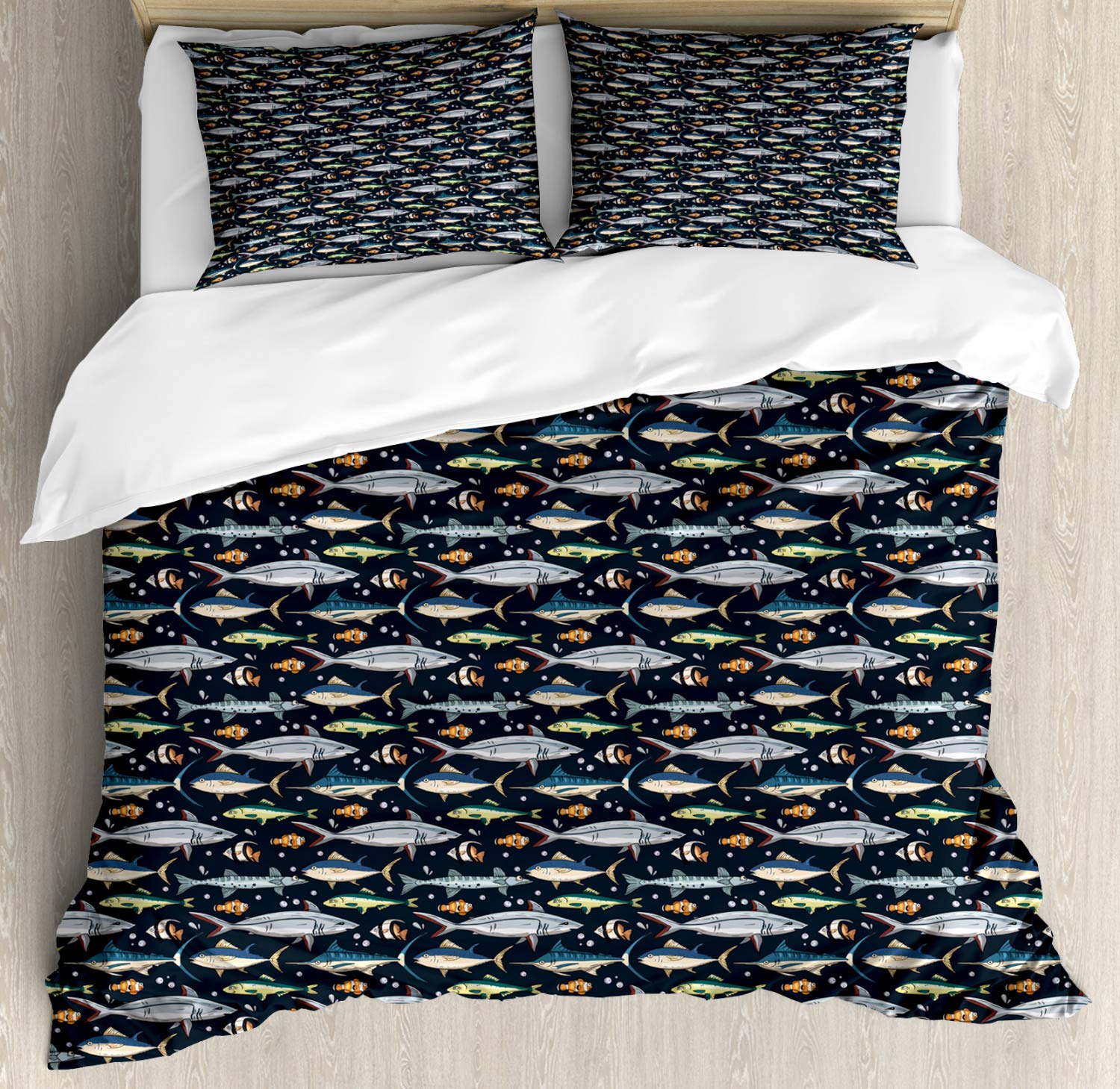 Ambesonne King Size Nautical Duvet Cover Set - Ocean Fish & Bubble Pattern 3-Piece Bedding with 2 Pillow Shams, Multicolor Marine Theme for Coastal & Beach House Decor