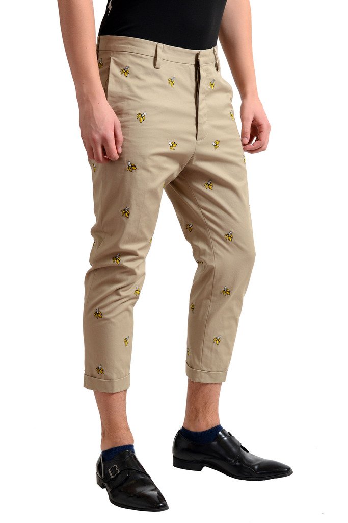 DSQUARED2 Men's Beige Banana Print Cropped Casual Pants - Slim Fit US 32 IT 48 | Summer Streetwear Fashion for Beach Parties & Casual Outings