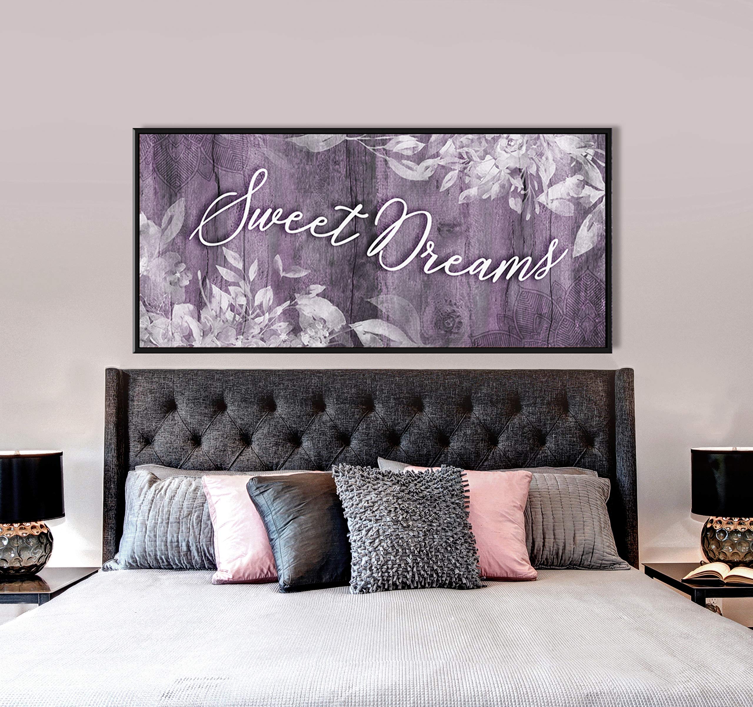 Sweet Dreams Sign - Large Canvas Wall Art for Master Bedroom Decor, Purple & Black Floating Frame (42x19) - Perfect Above Bed Wall Decor & Bedroom Signs for a Cozy & Stylish Space