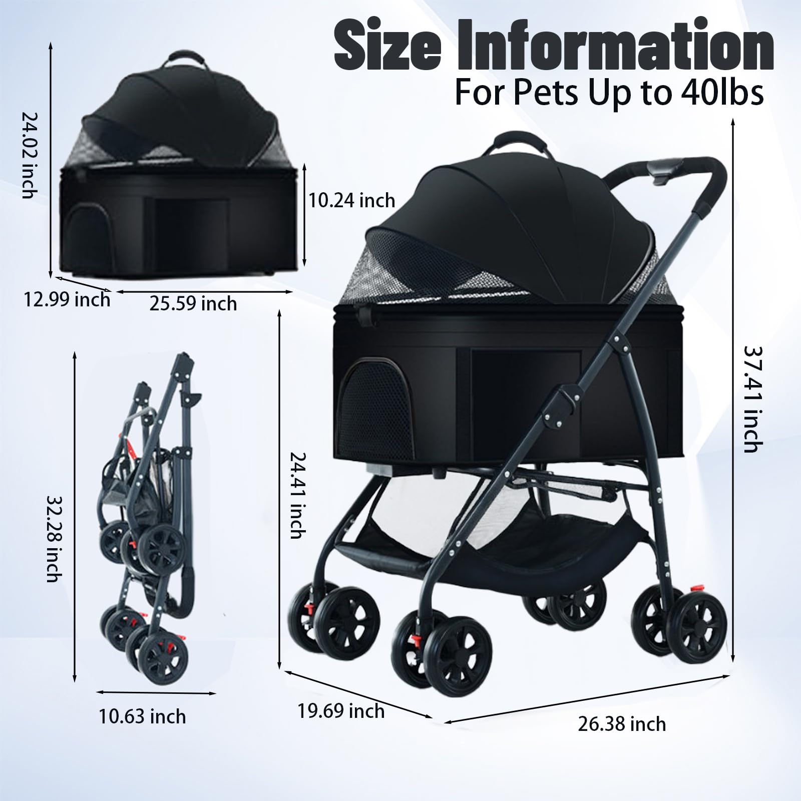 3-in-1 Pet Stroller for Dogs & Cats - Convertible Dog Wagon with Removable Carrier, Folding Design for Medium Pets Up to 55lbs (Black) - Perfect for Park Walks, Vet Visits & Shopping Trips